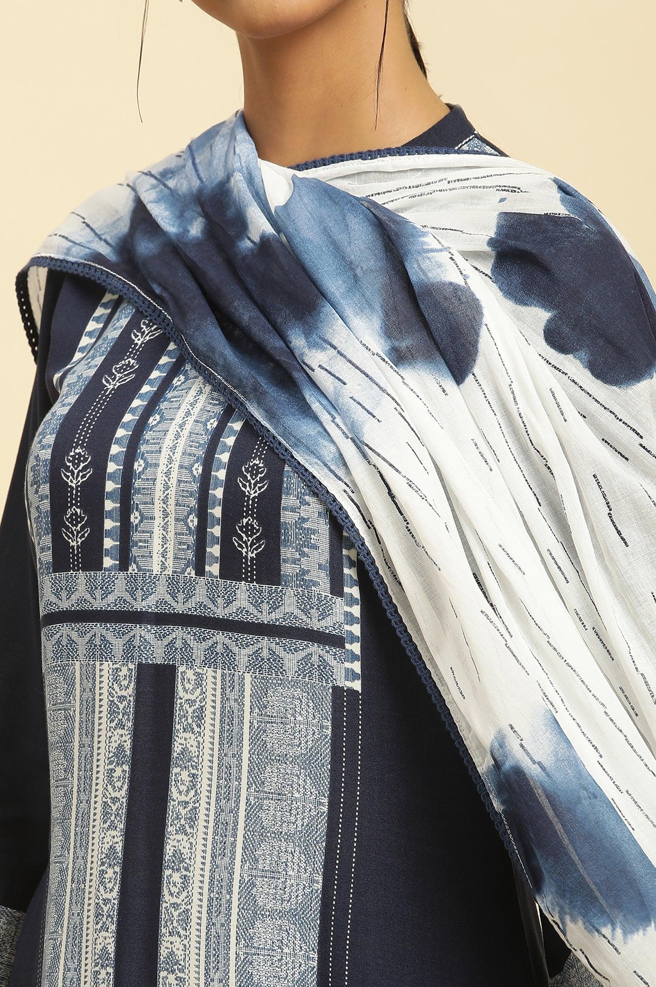 White Cotton Dupatta With Bold Blue Floral Print - Image 5