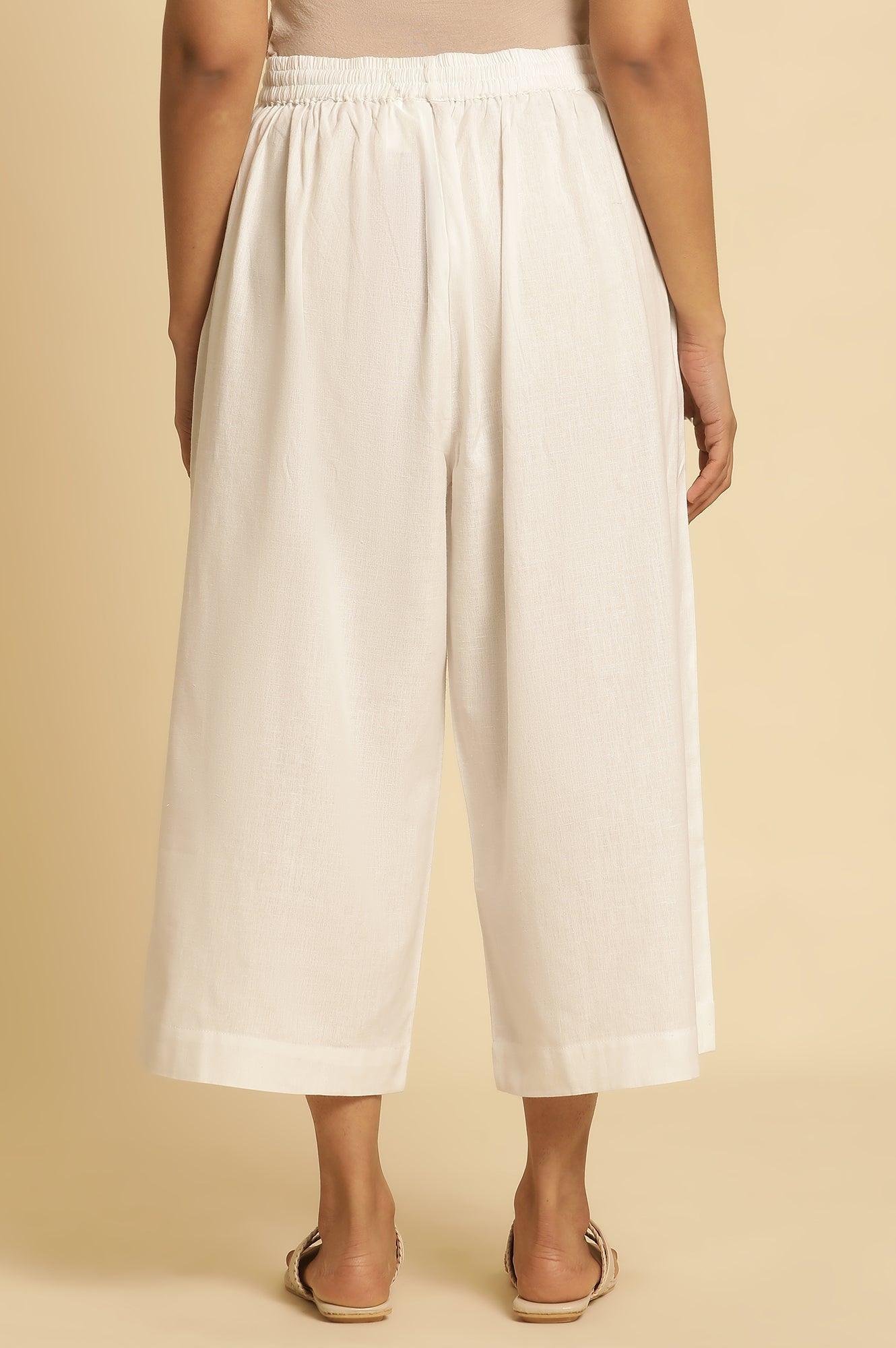 White Cotton Flax Flared Pants - Image 3