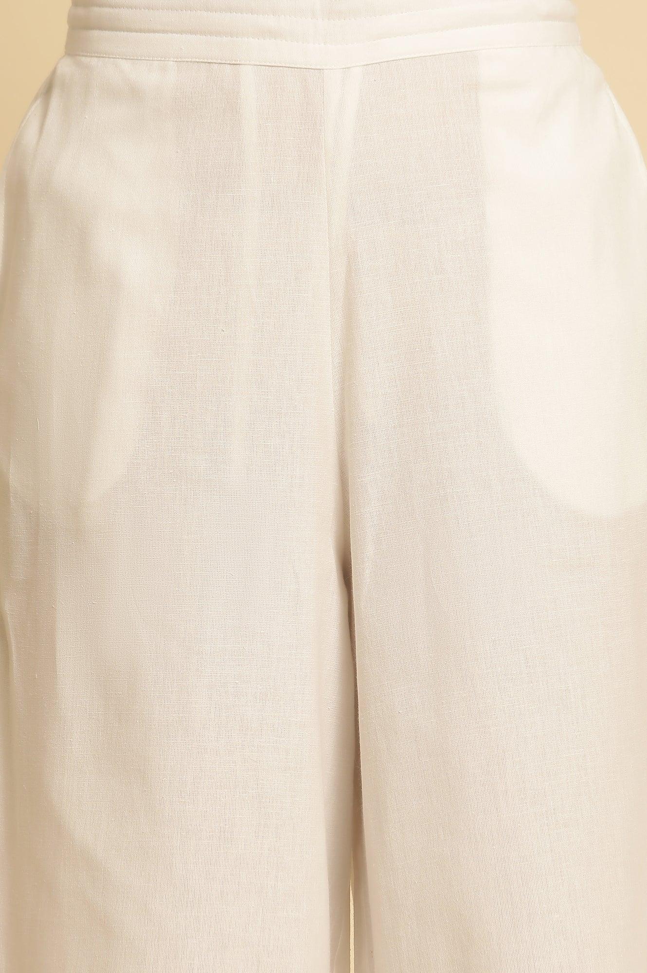 White Cotton Flax Flared Pants - Image 6