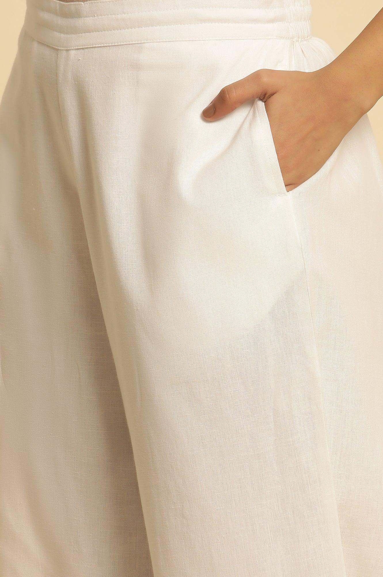 White Cotton Flax Flared Pants - Image 7