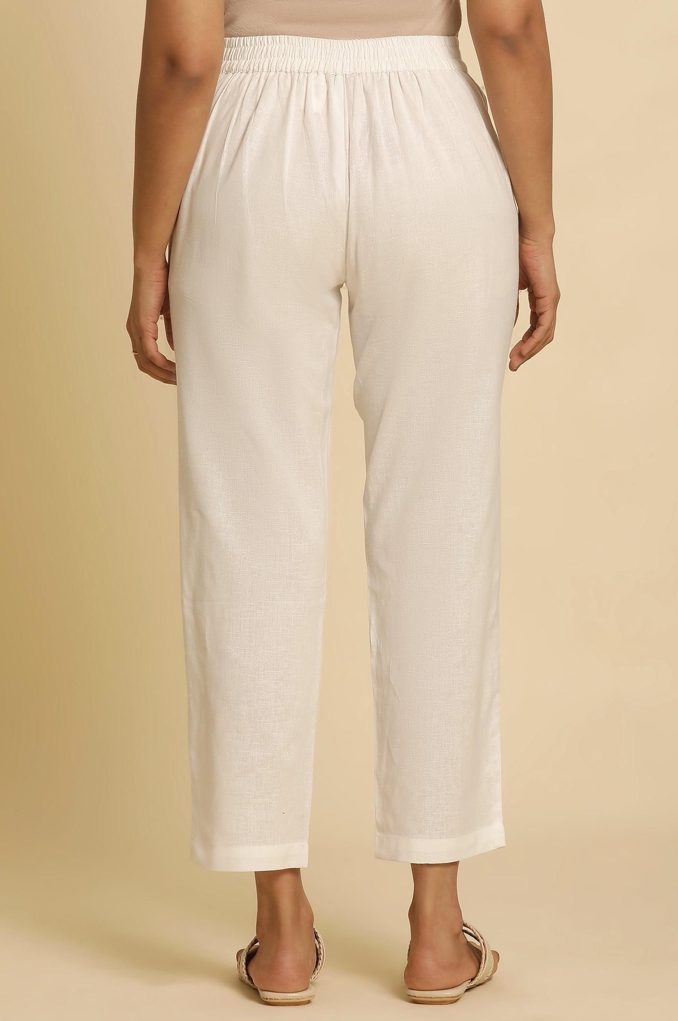 White Cotton Flax Straight Pants - Image 3