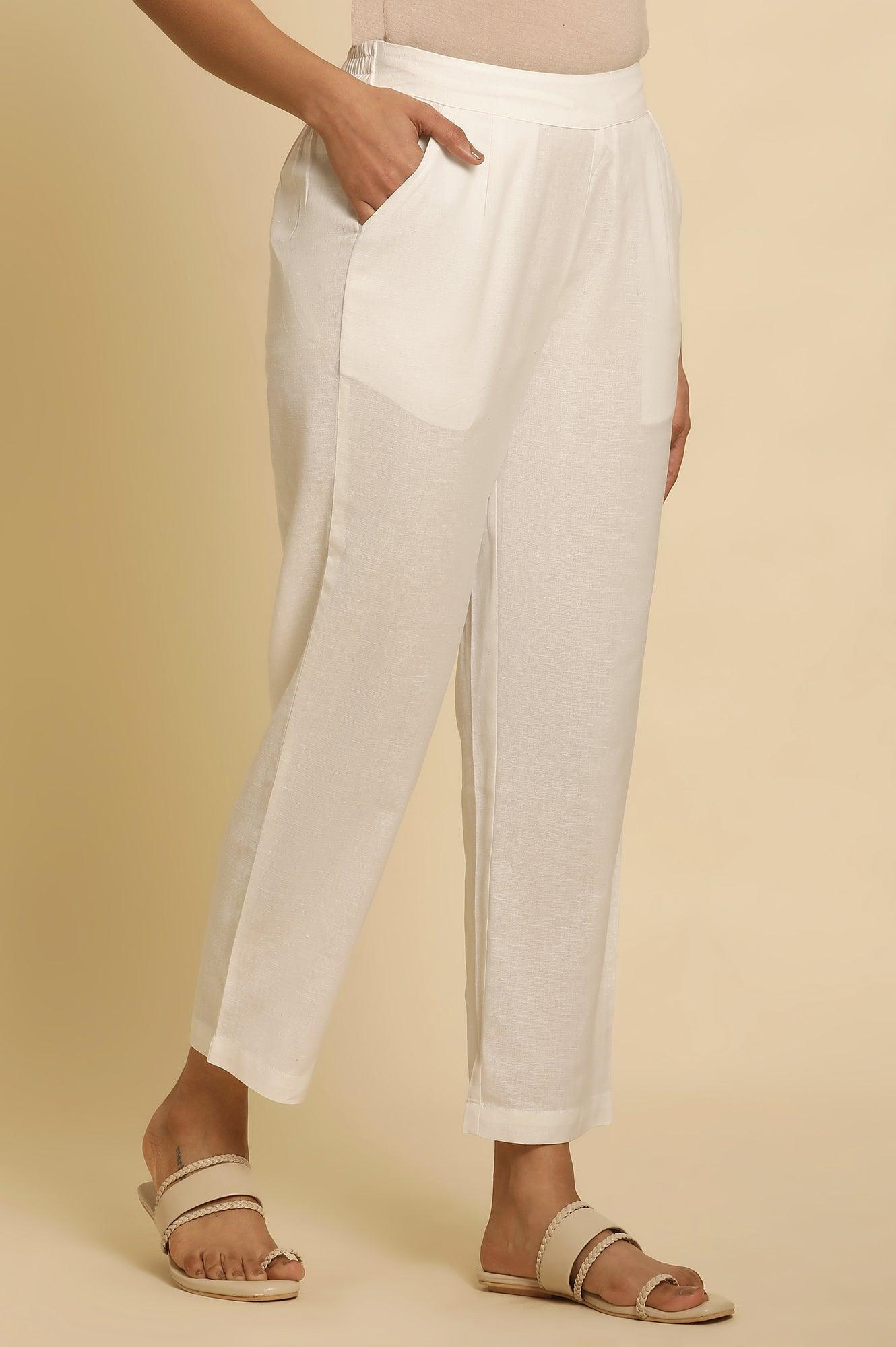 White Cotton Flax Straight Pants - Image 4