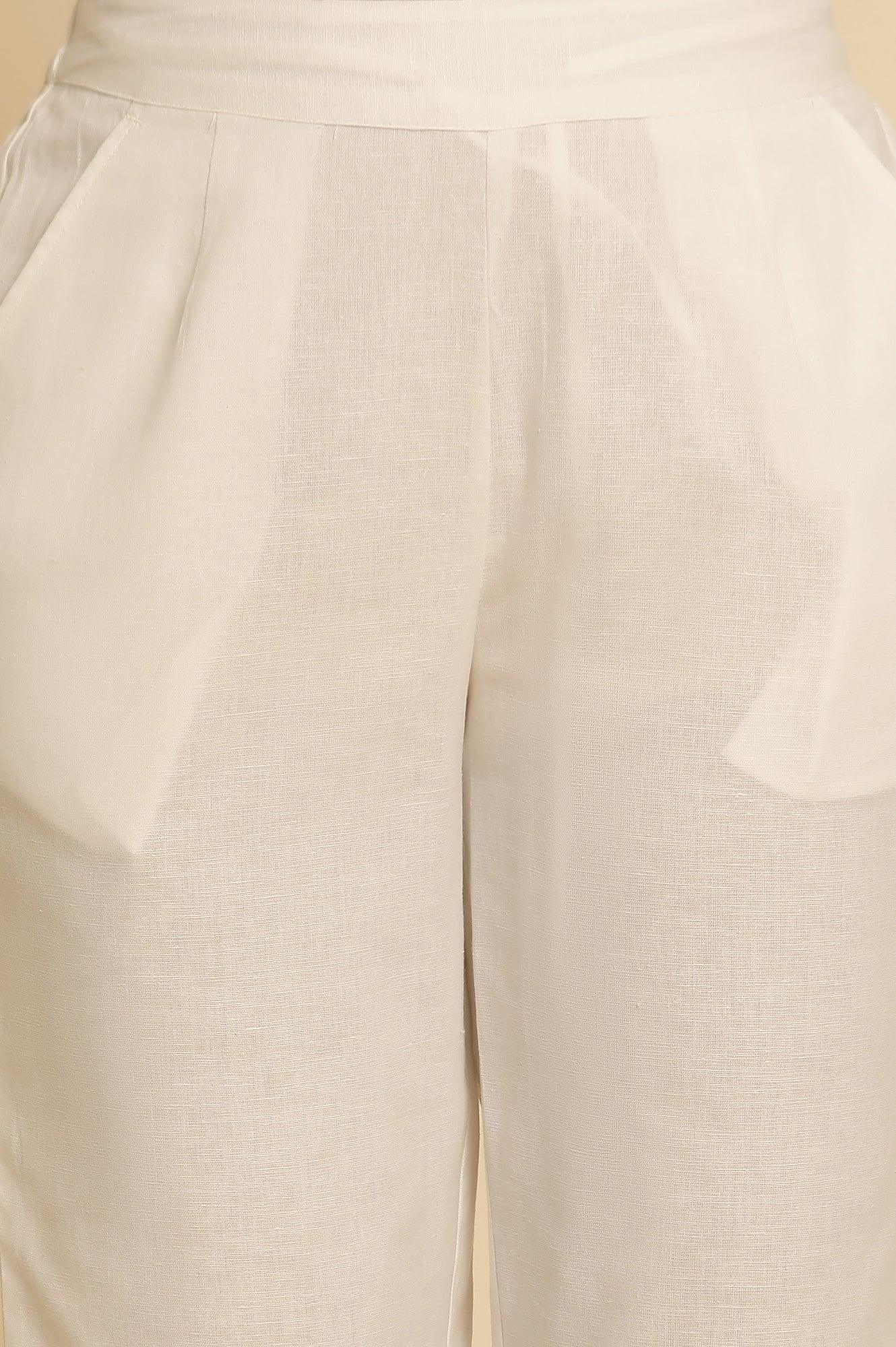 White Cotton Flax Straight Pants - Image 6