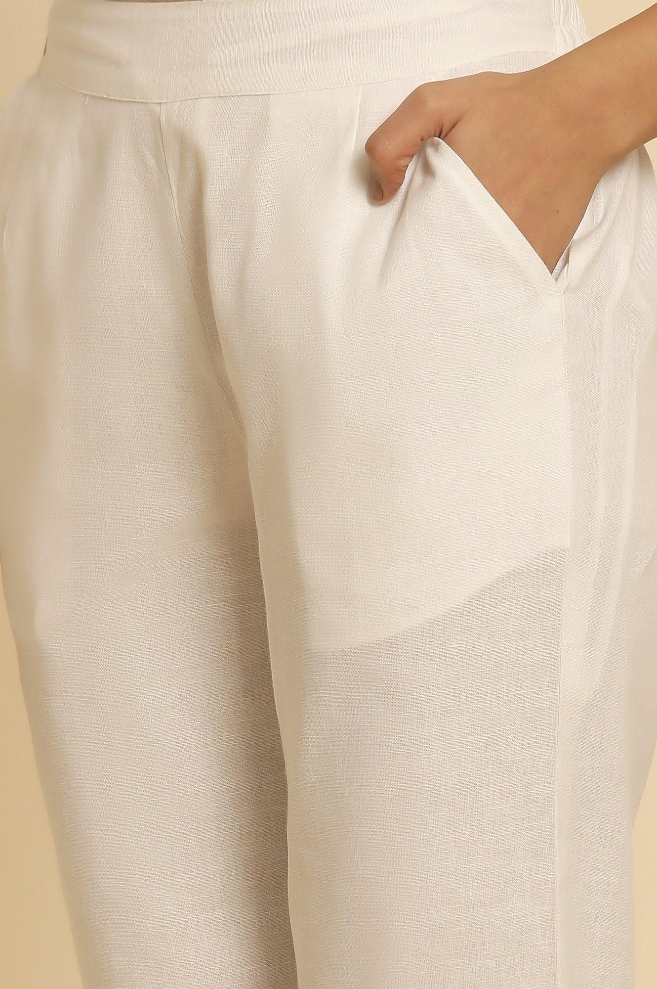 White Cotton Flax Straight Pants - Image 7