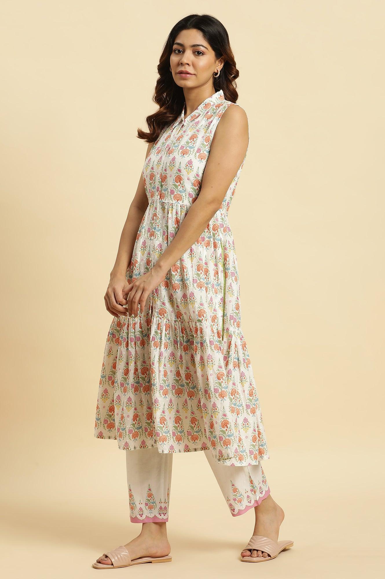 White Cotton Kurta In Multi-Coloured Print and Pants Set - Image 3