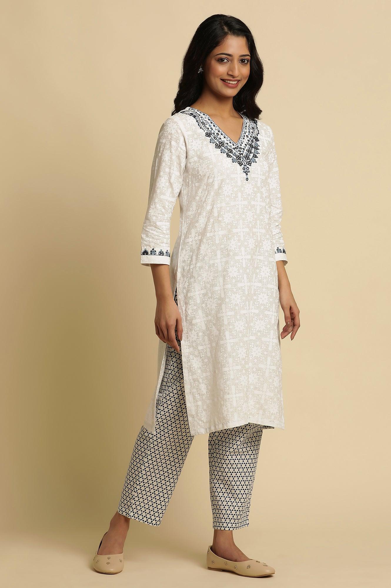 White Cotton Kurta With Embroidered Neck - Image 5