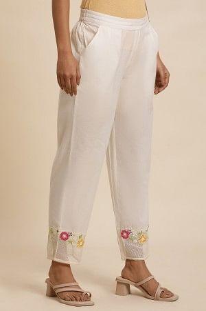 White Cotton Pants With Embroidered Mesh Hemline - Image 4