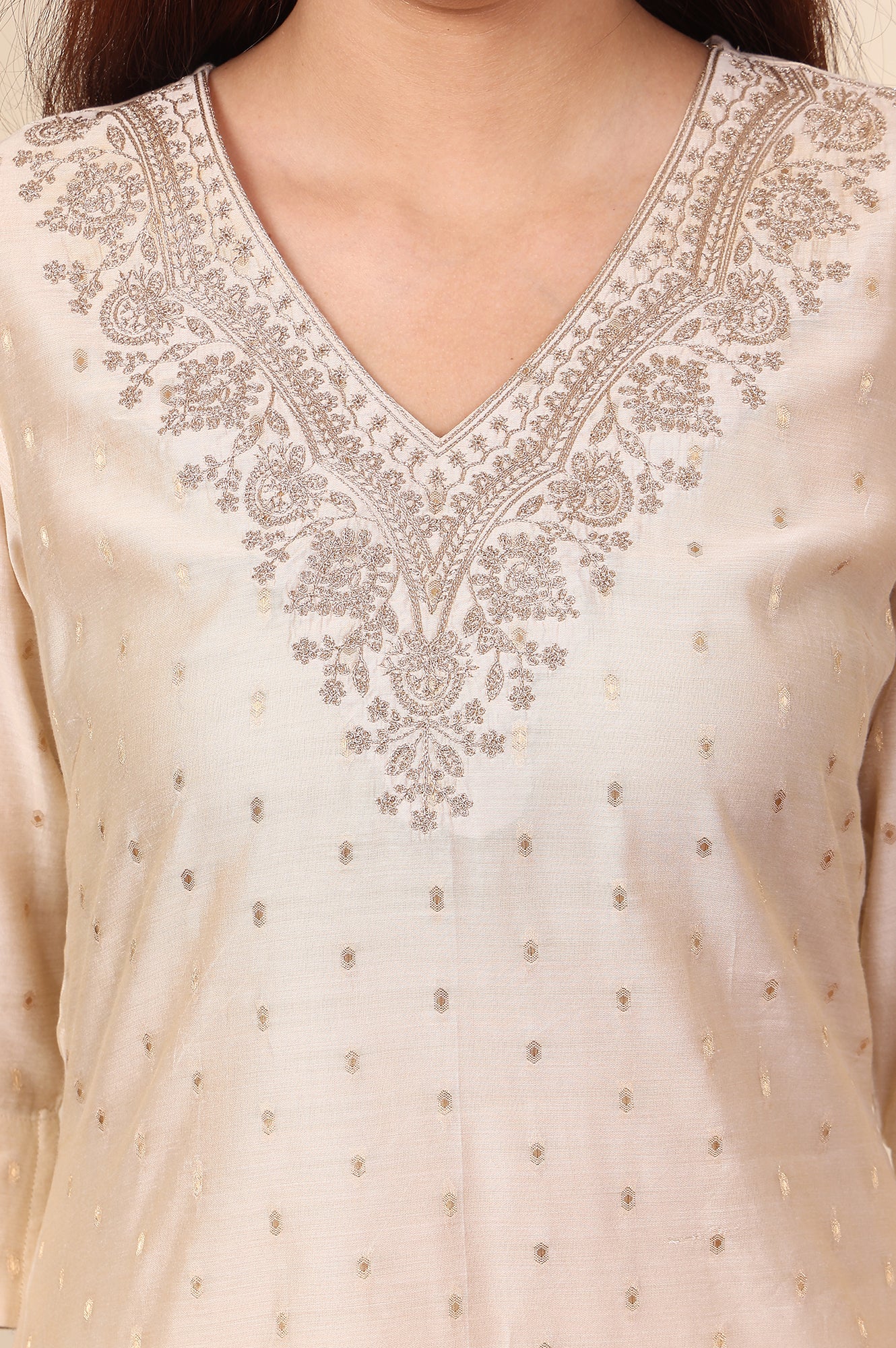 White Dori Embroidered Chanderi Straight Kurta - Image 3