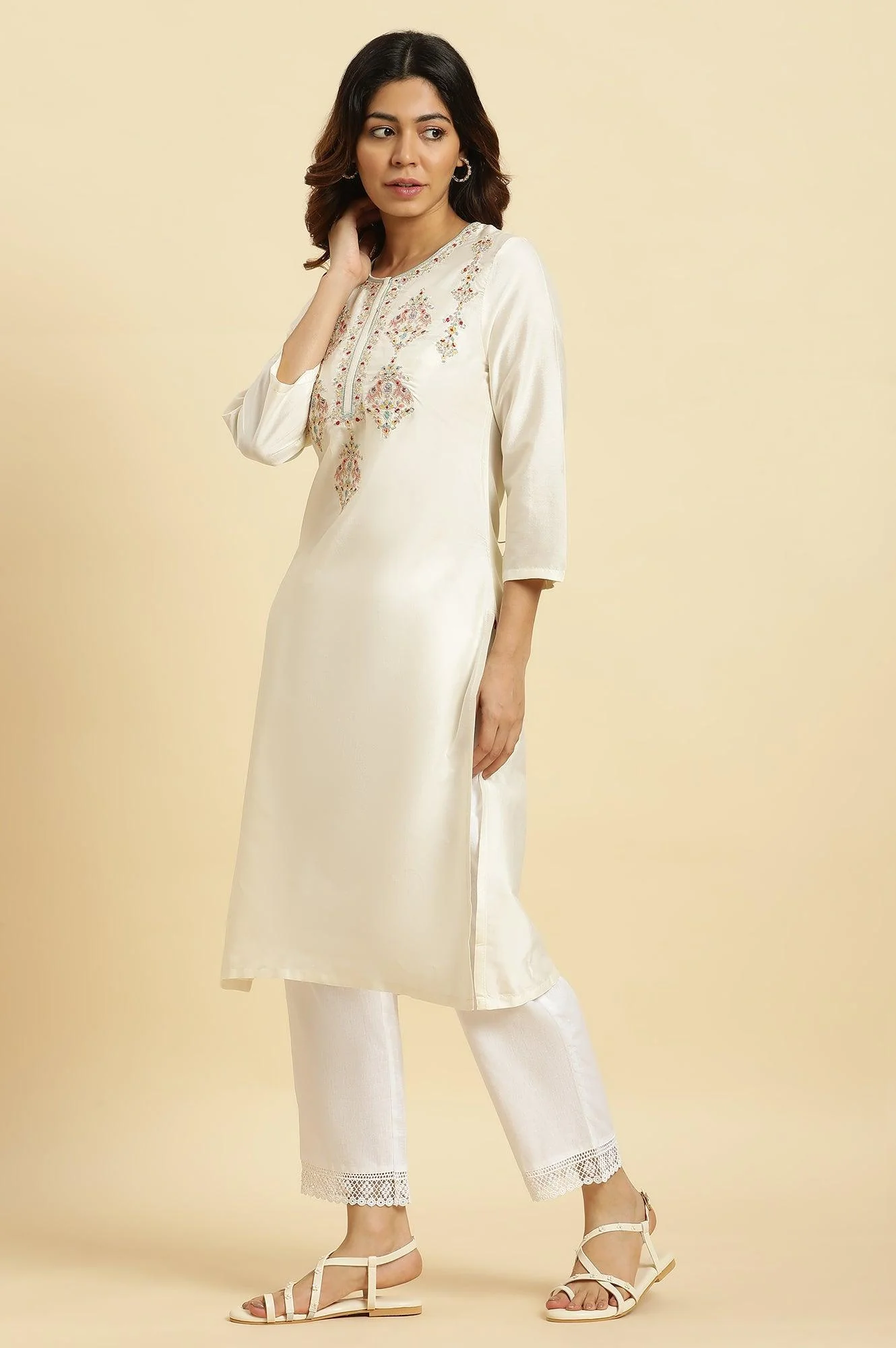 White Dori Embroidered Festive Kurta - Image 3