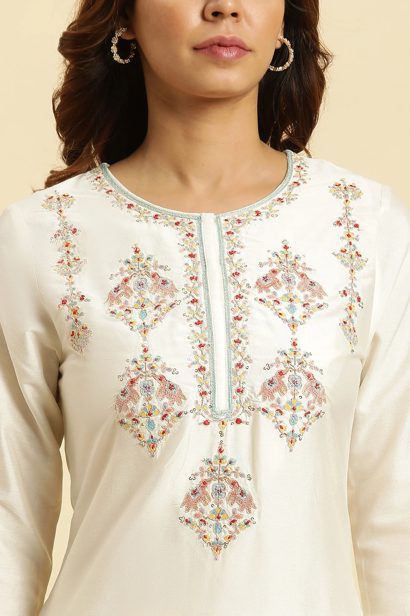 White Dori Embroidery Viscose Blend Straight Kurta and Slim Pant Set - Image 2