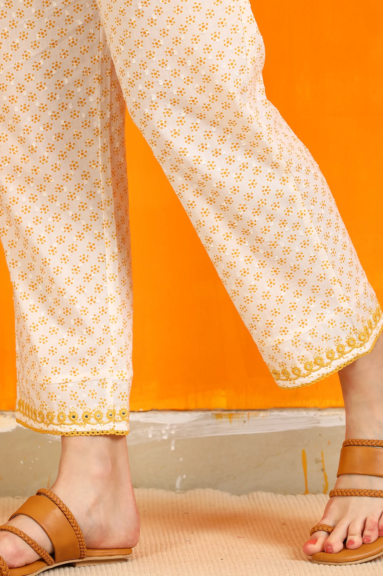 White Dot Printed Embroidered Pure Cotton Straight Kurta, Pants and Dupatta Set - Image 10