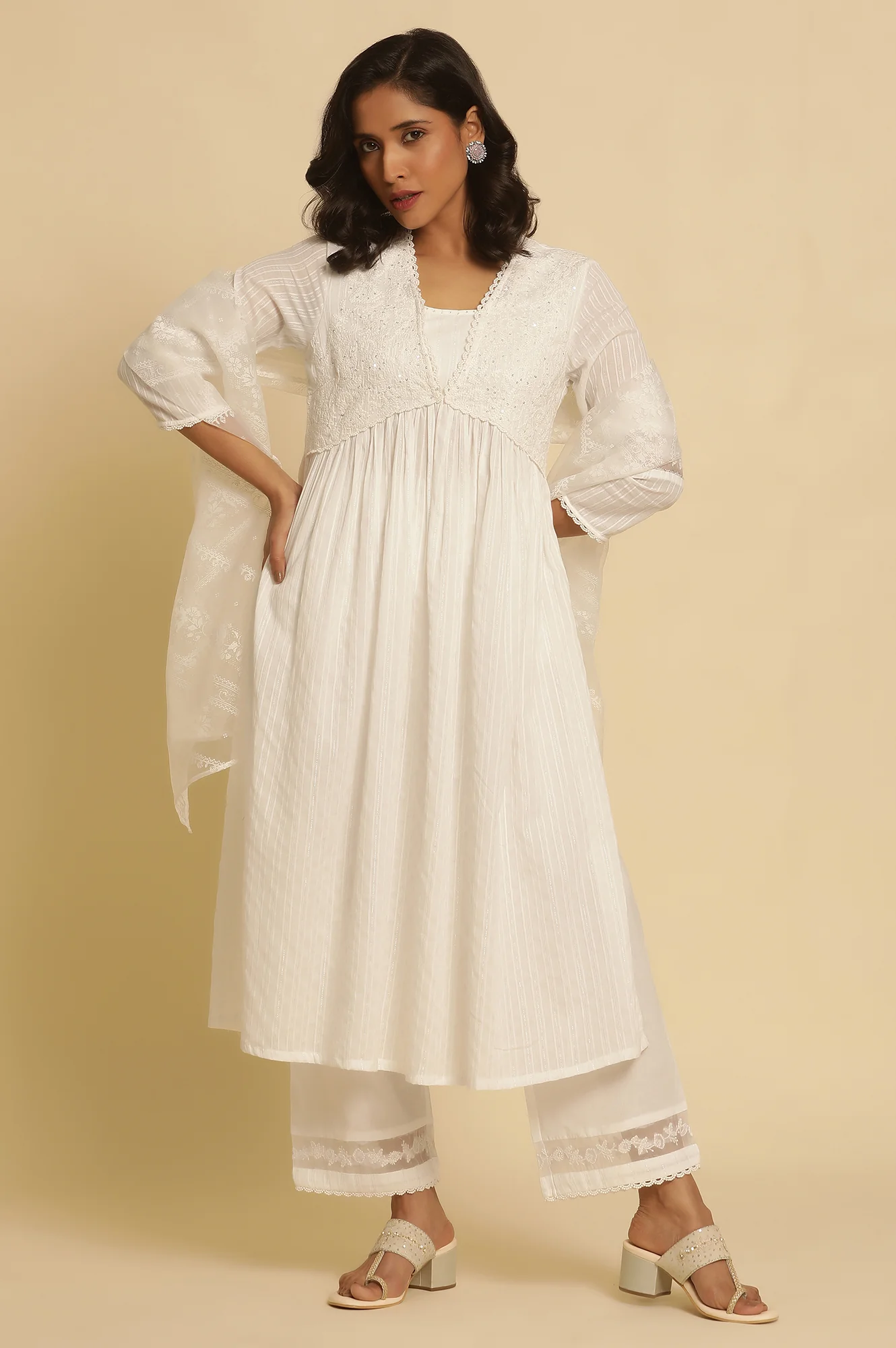 White Embellished Kurta, Pants and Dupatta Set - Image 2