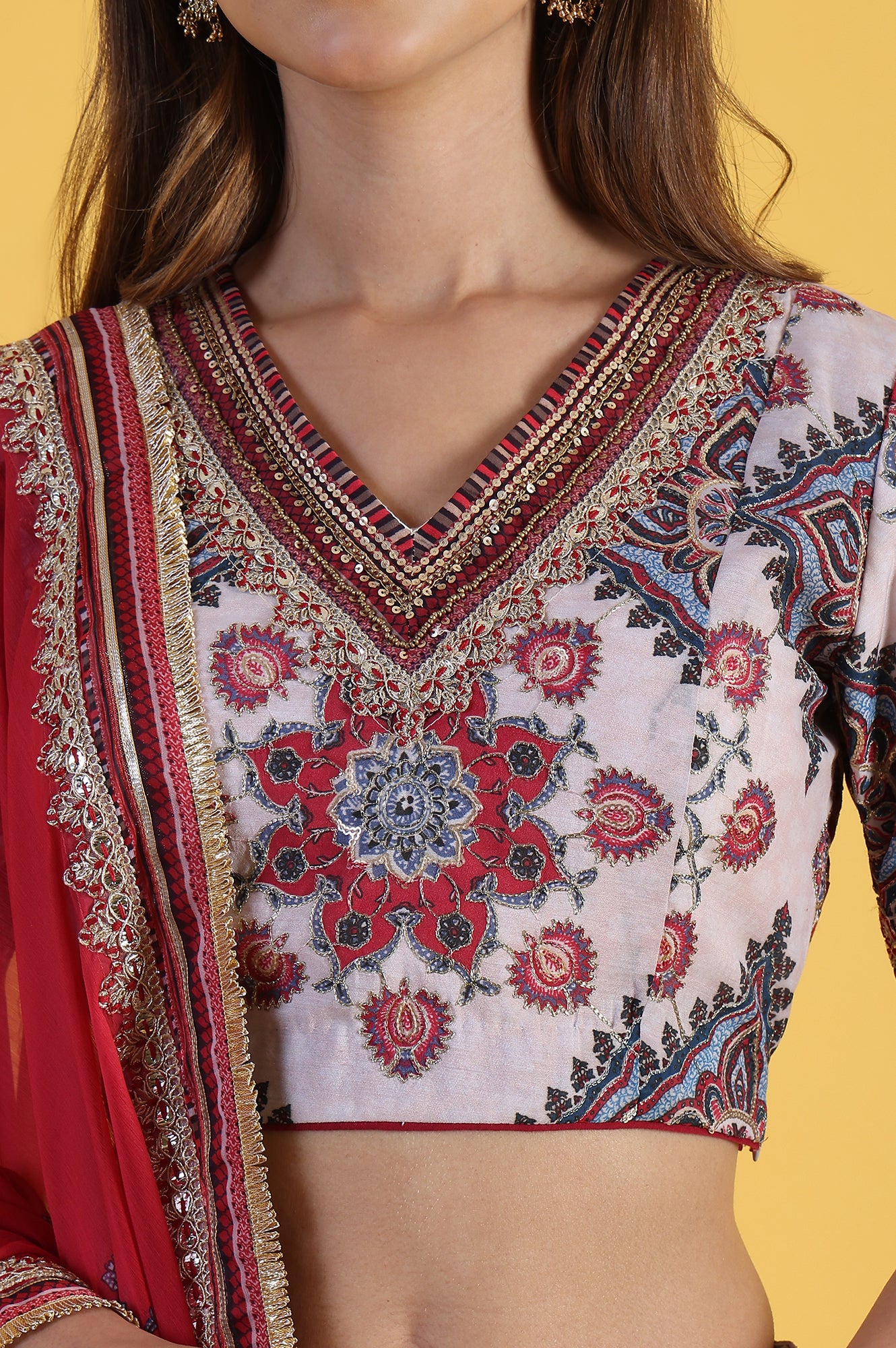 White Embroidered Beads Straight Blouse Top & Skirt with Dupatta Set - Image 3