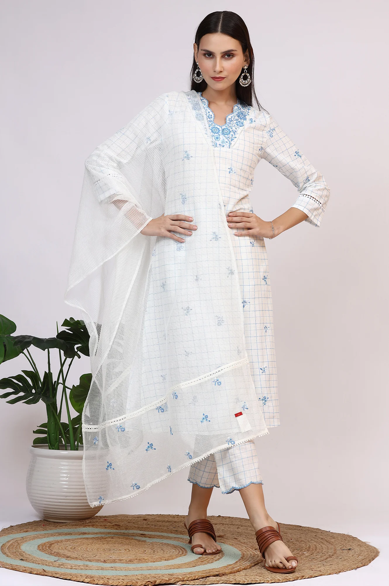 White Embroidered Checker Pure Cotton Straight Kurta, Pants and Dupatta Set - Image 2