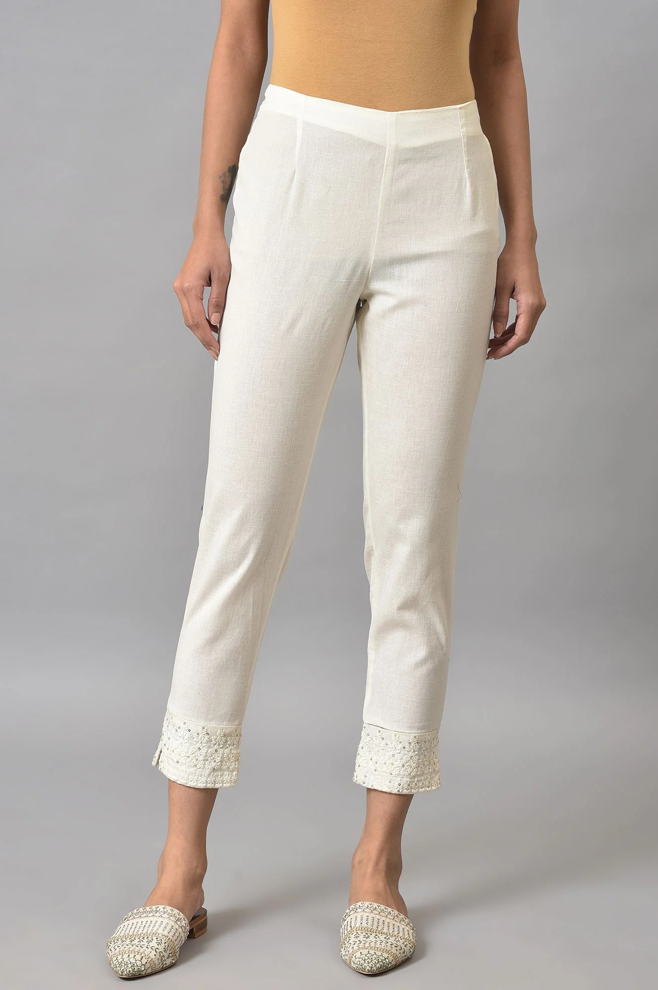 White Embroidered Cotton Flax Slim Pants