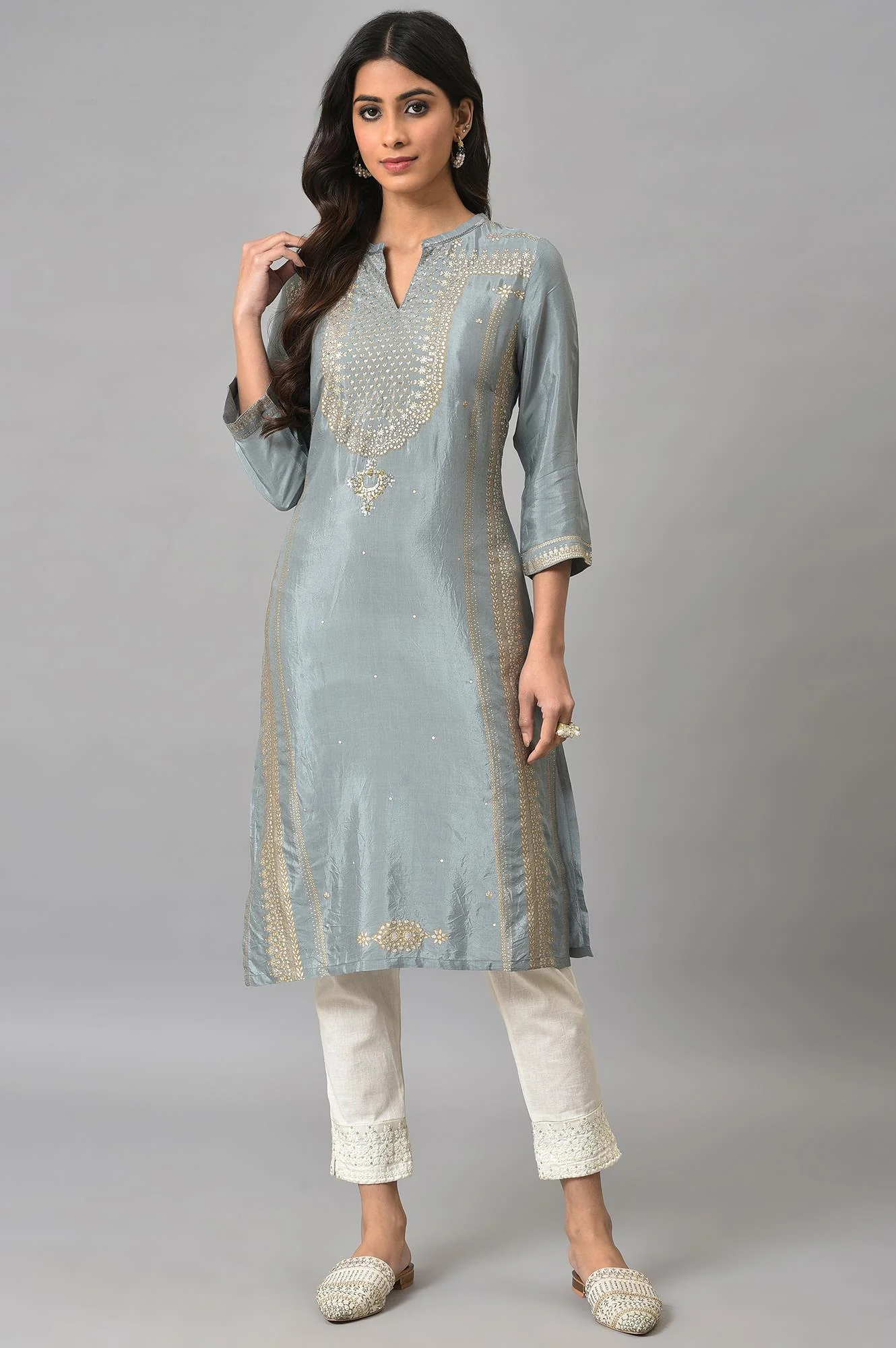 White Embroidered Cotton Flax Slim Pants - Image 5