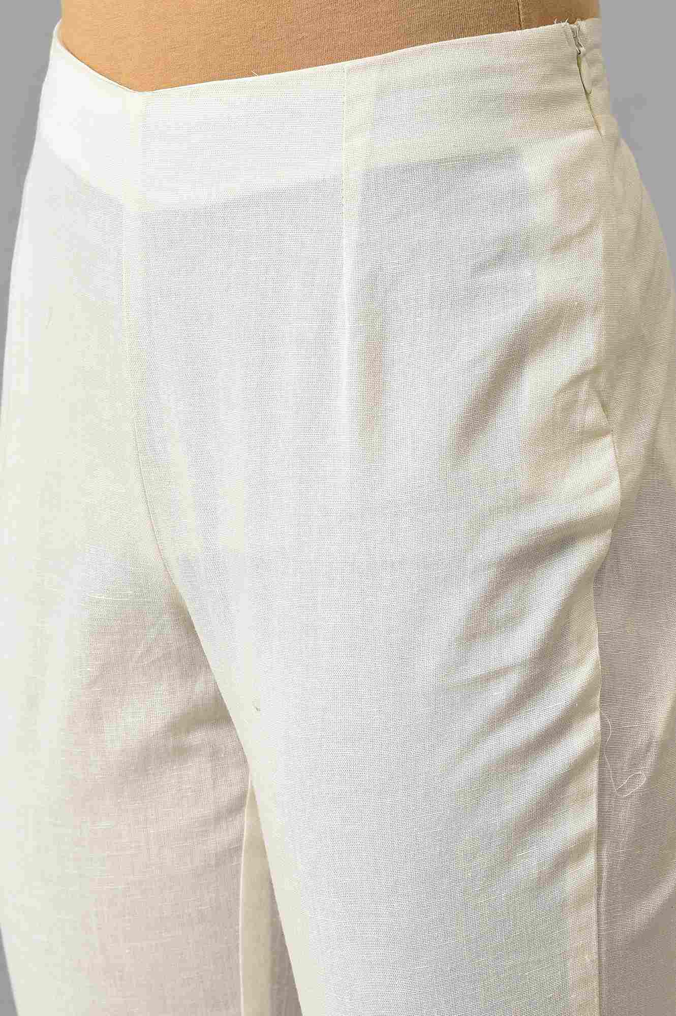 White Embroidered Cotton Flax Slim Pants - Image 7