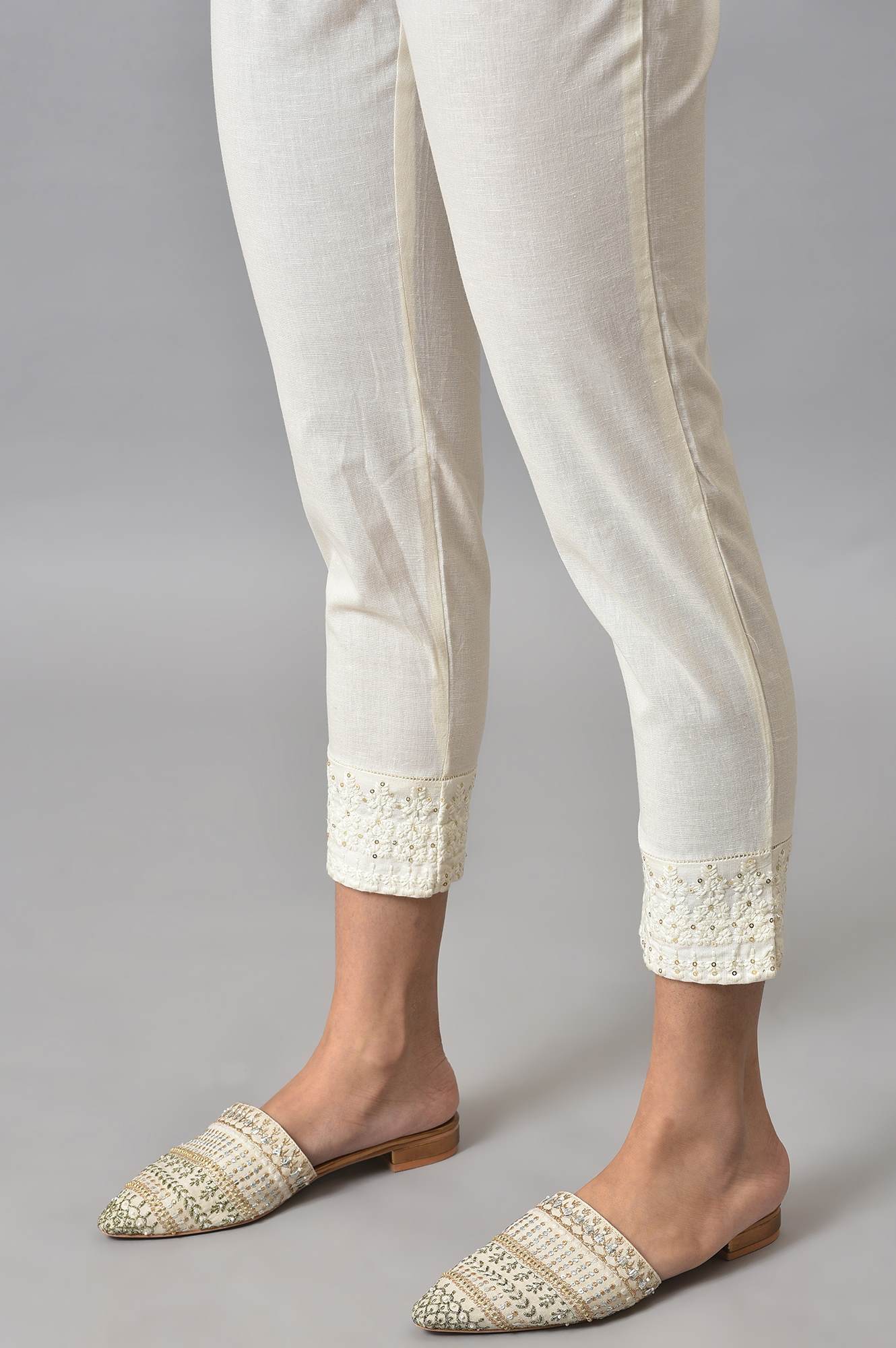 White Embroidered Cotton Flax Slim Pants - Image 8