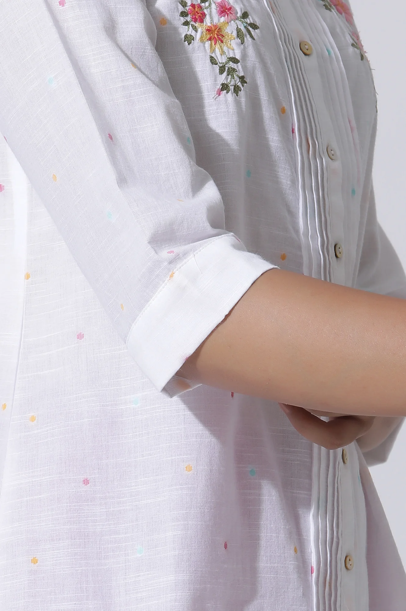 White Embroidered Cotton Top With Pintucks - Image 7