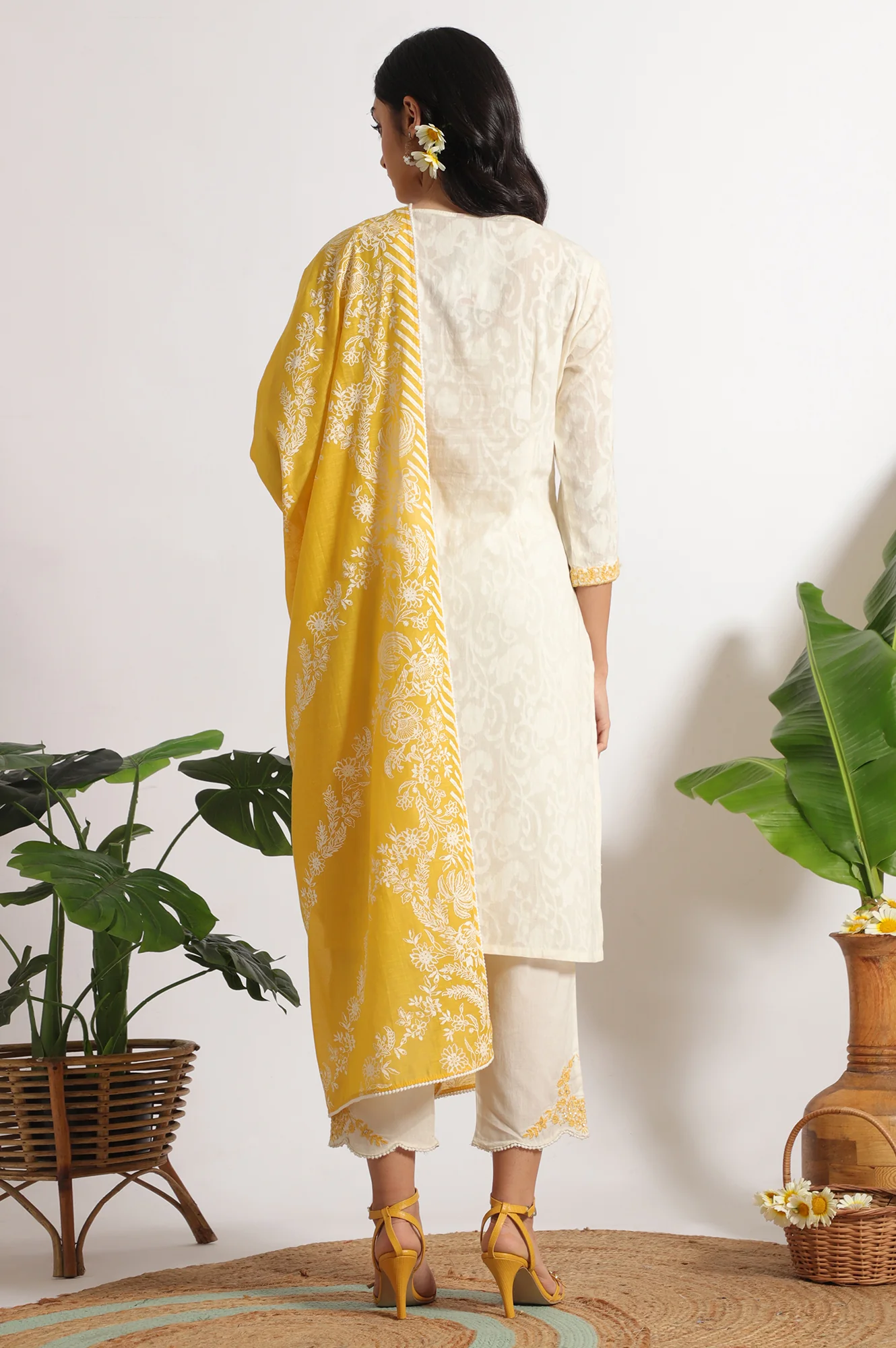 White Embroidered Jacquard Straight Kurta, Pants and Dupatta Set - Image 5
