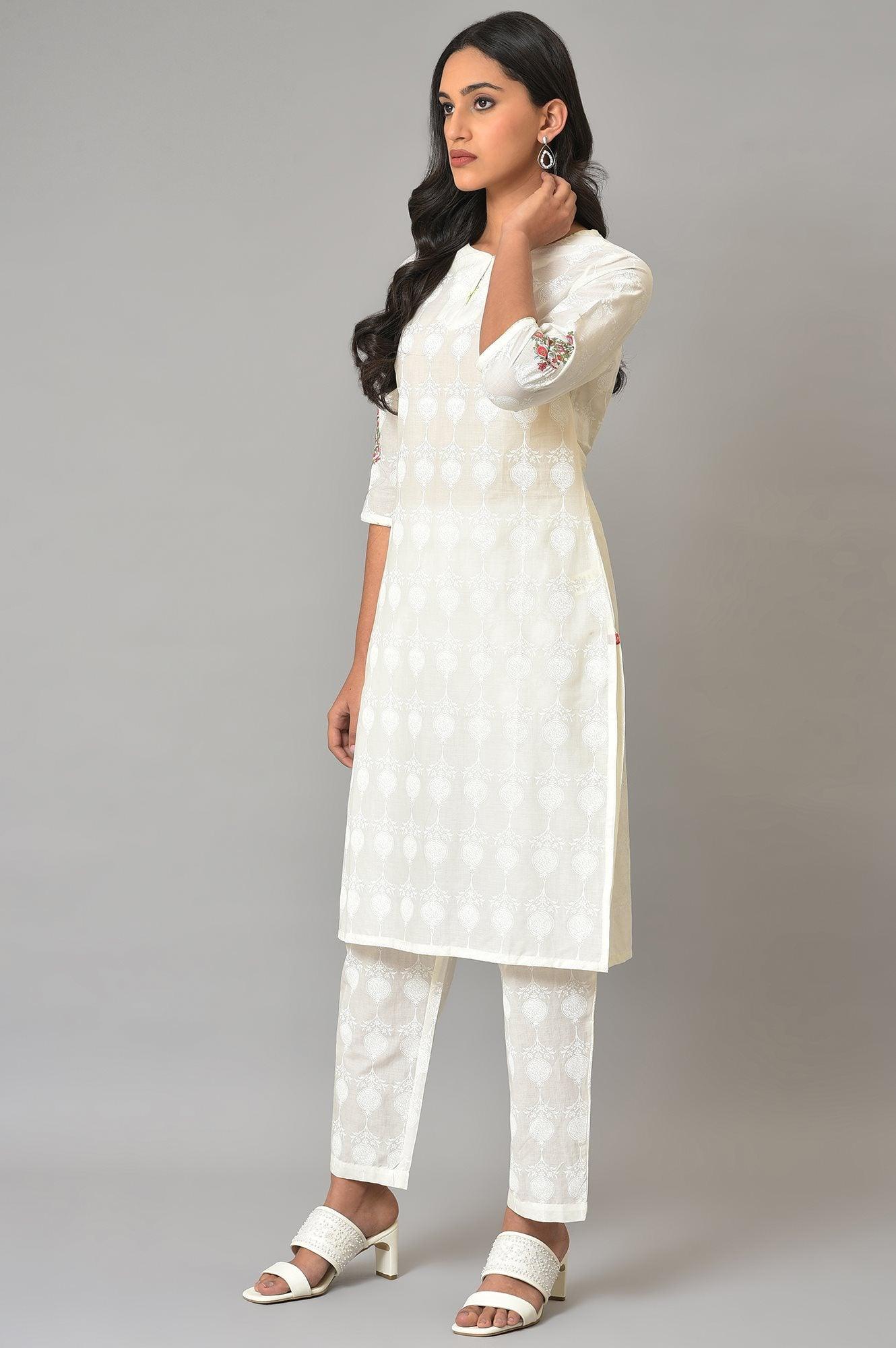 White Embroidered kurta And Pants Co-Ord Sets - Image 3