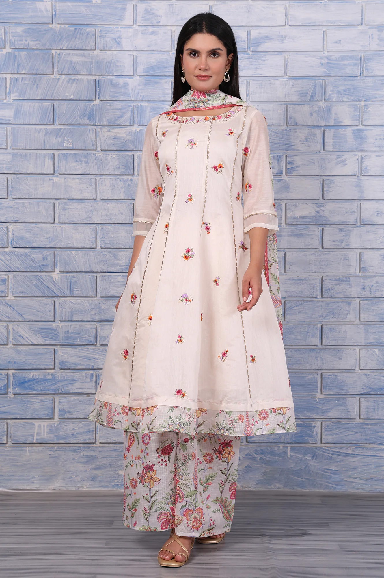 White Embroidered Printed Chanderi Flared Kurta, Palazzo And Dupatta Set - Image 2
