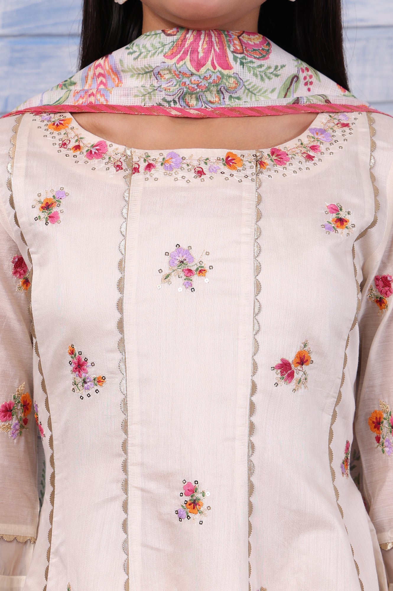 White Embroidered Printed Chanderi Flared Kurta, Palazzo And Dupatta Set - Image 3
