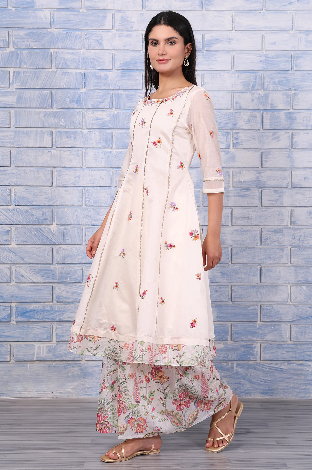 White Embroidered Printed Chanderi Flared Kurta, Palazzo And Dupatta Set - Image 4