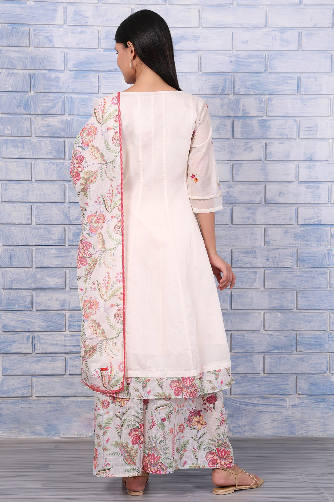 White Embroidered Printed Chanderi Flared Kurta, Palazzo And Dupatta Set - Image 5