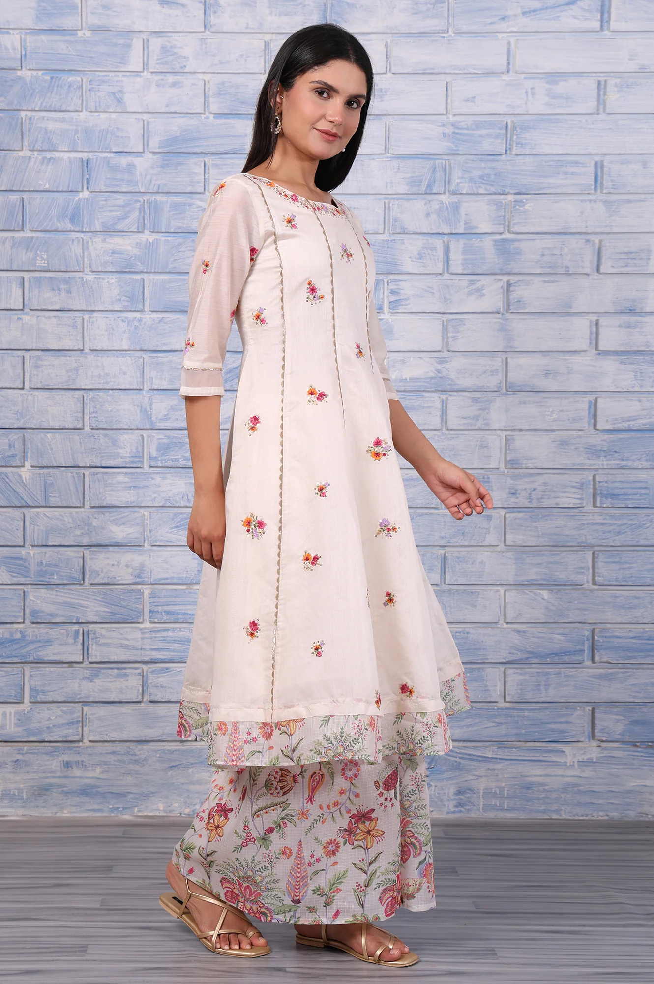 White Embroidered Printed Chanderi Flared Kurta, Palazzo And Dupatta Set - Image 6