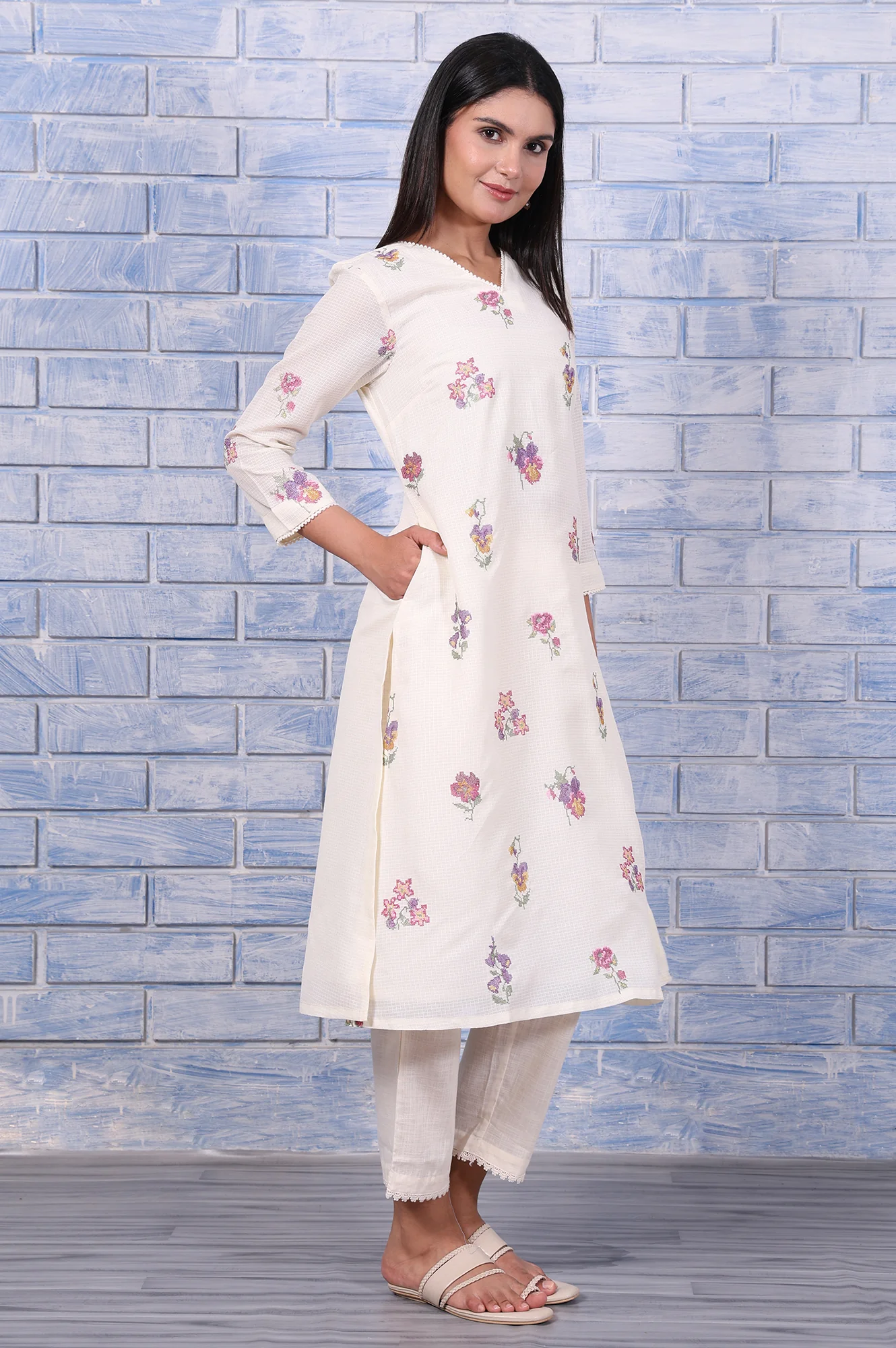 White Embroidered Printed Lace Kota Straight Kurta - Image 6