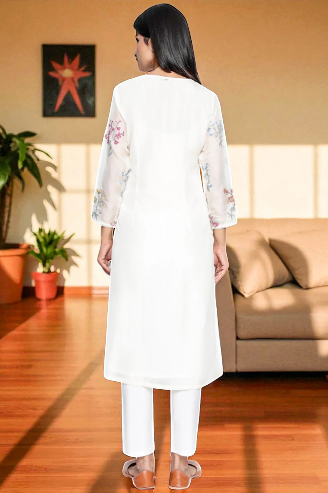 White Embroidered Printed Organza Straight Kurta - Image 5