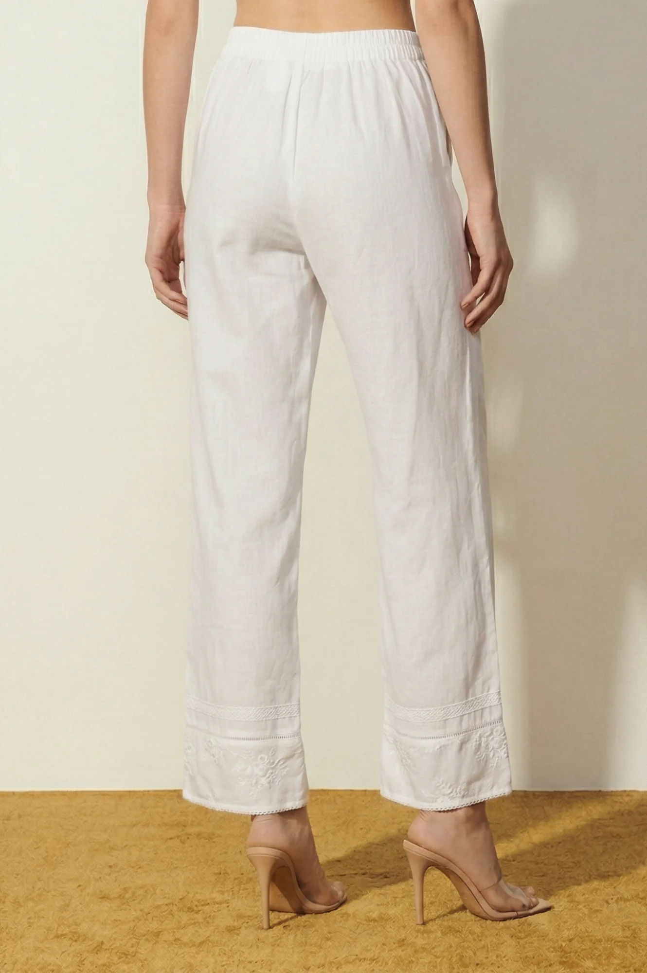 Elleven Women's White Embroidered Pure Cotton Straight Fit Ankle Length Palazzo - Image 3