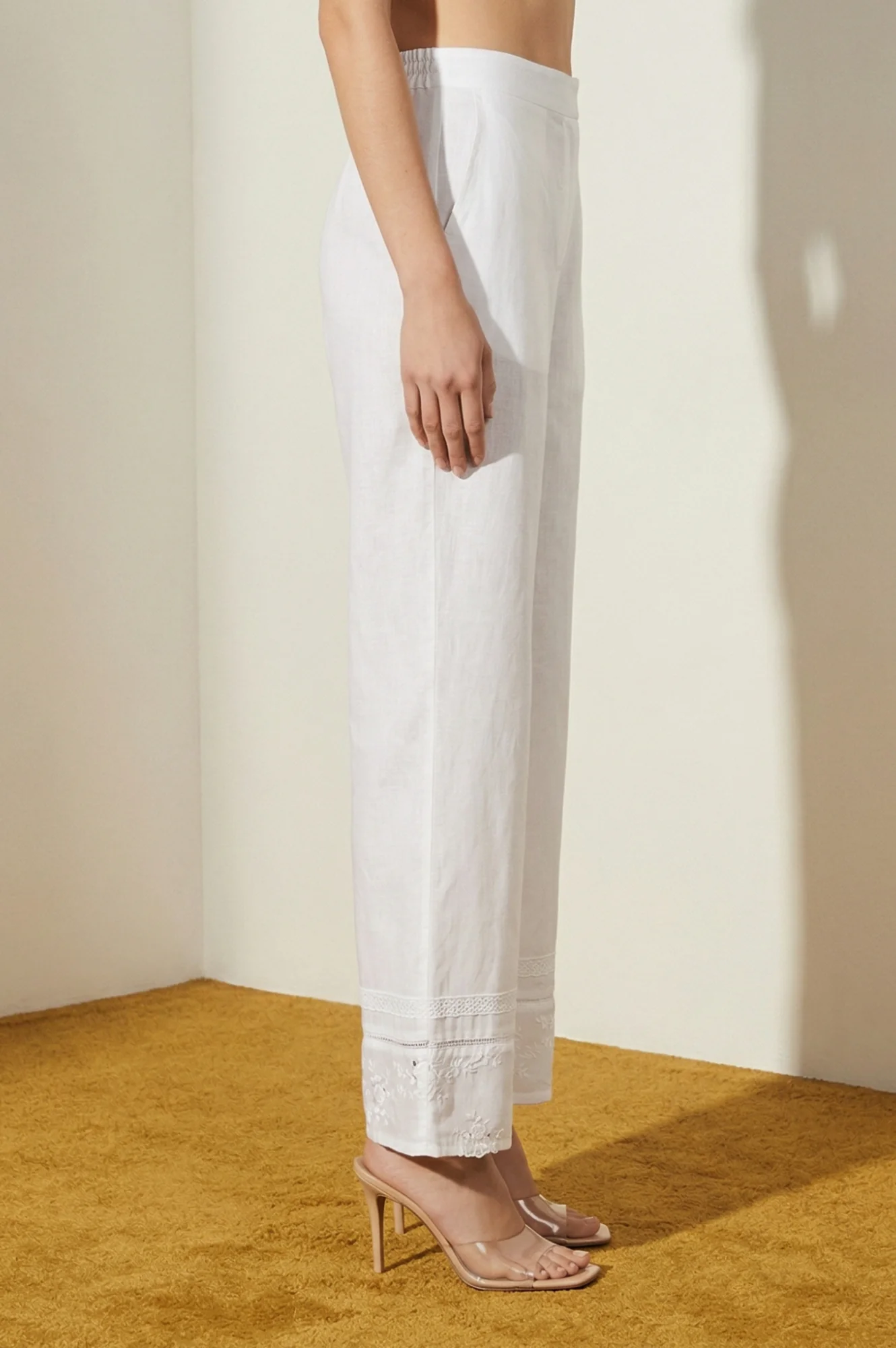 Elleven Women's White Embroidered Pure Cotton Straight Fit Ankle Length Palazzo - Image 5