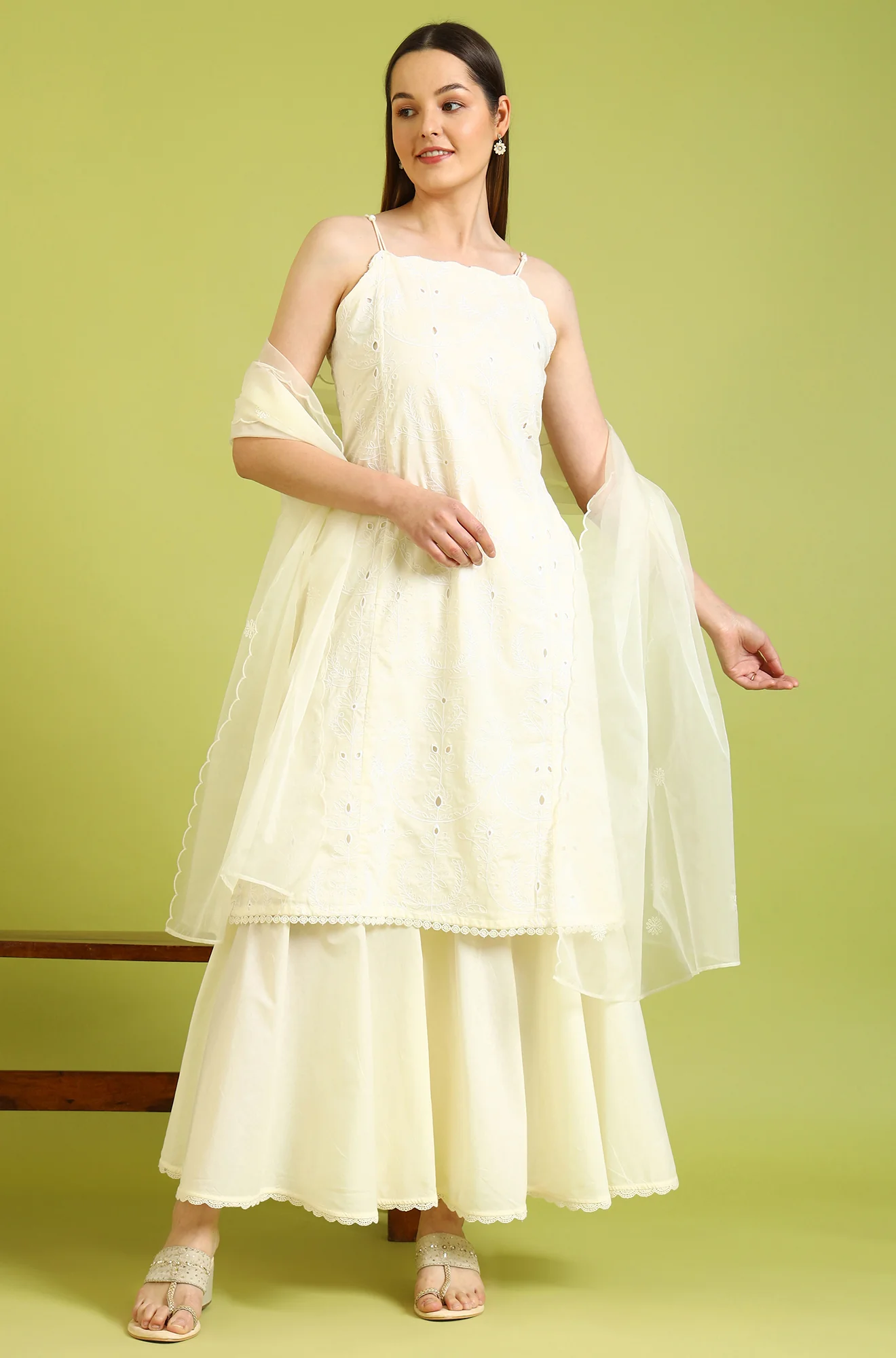 White Embroidered Pure Cotton Straight Spaghetti Kurta and Sharara Set with Dupatta - Image 3