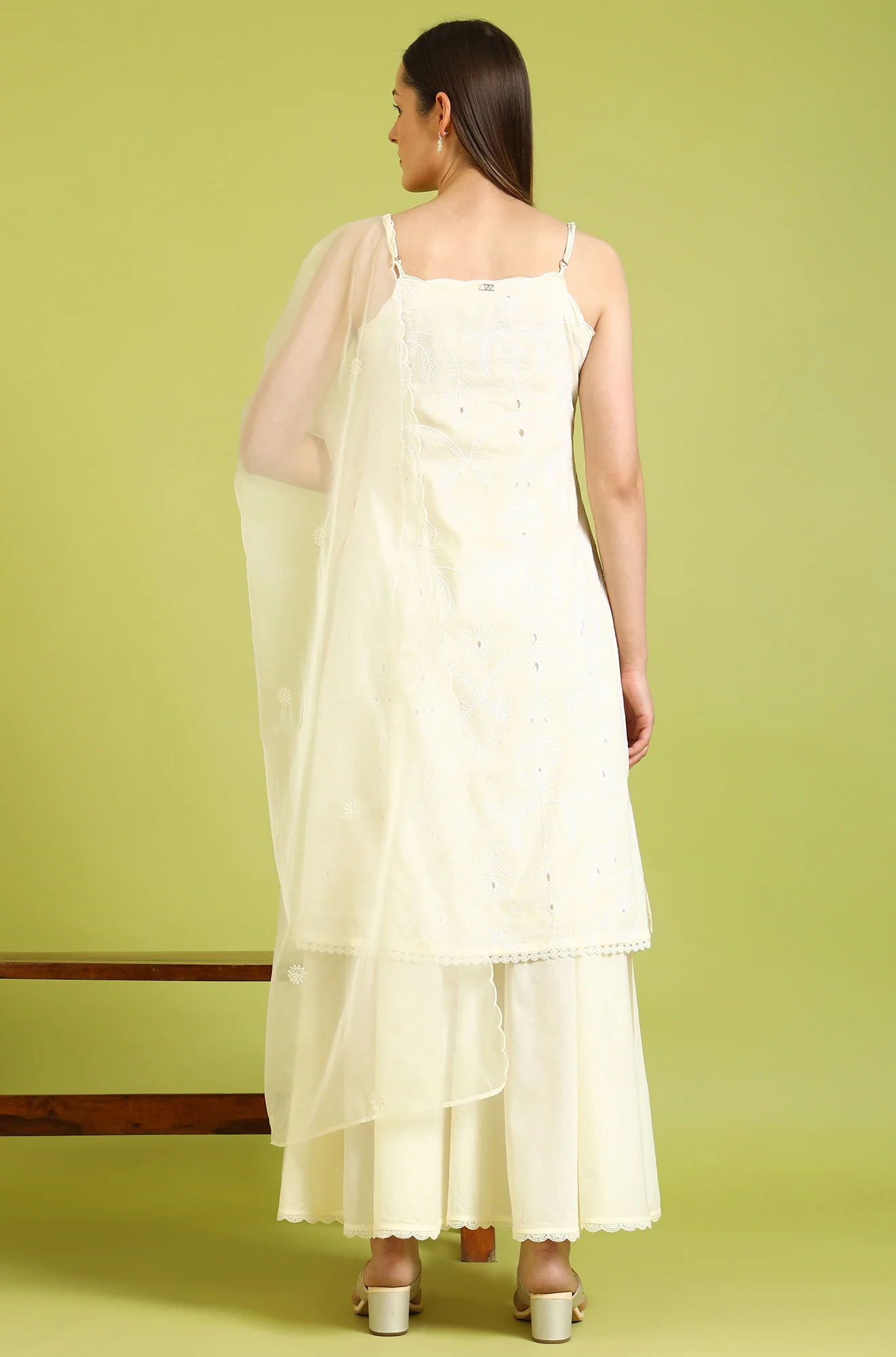 White Embroidered Pure Cotton Straight Spaghetti Kurta and Sharara Set with Dupatta - Image 6