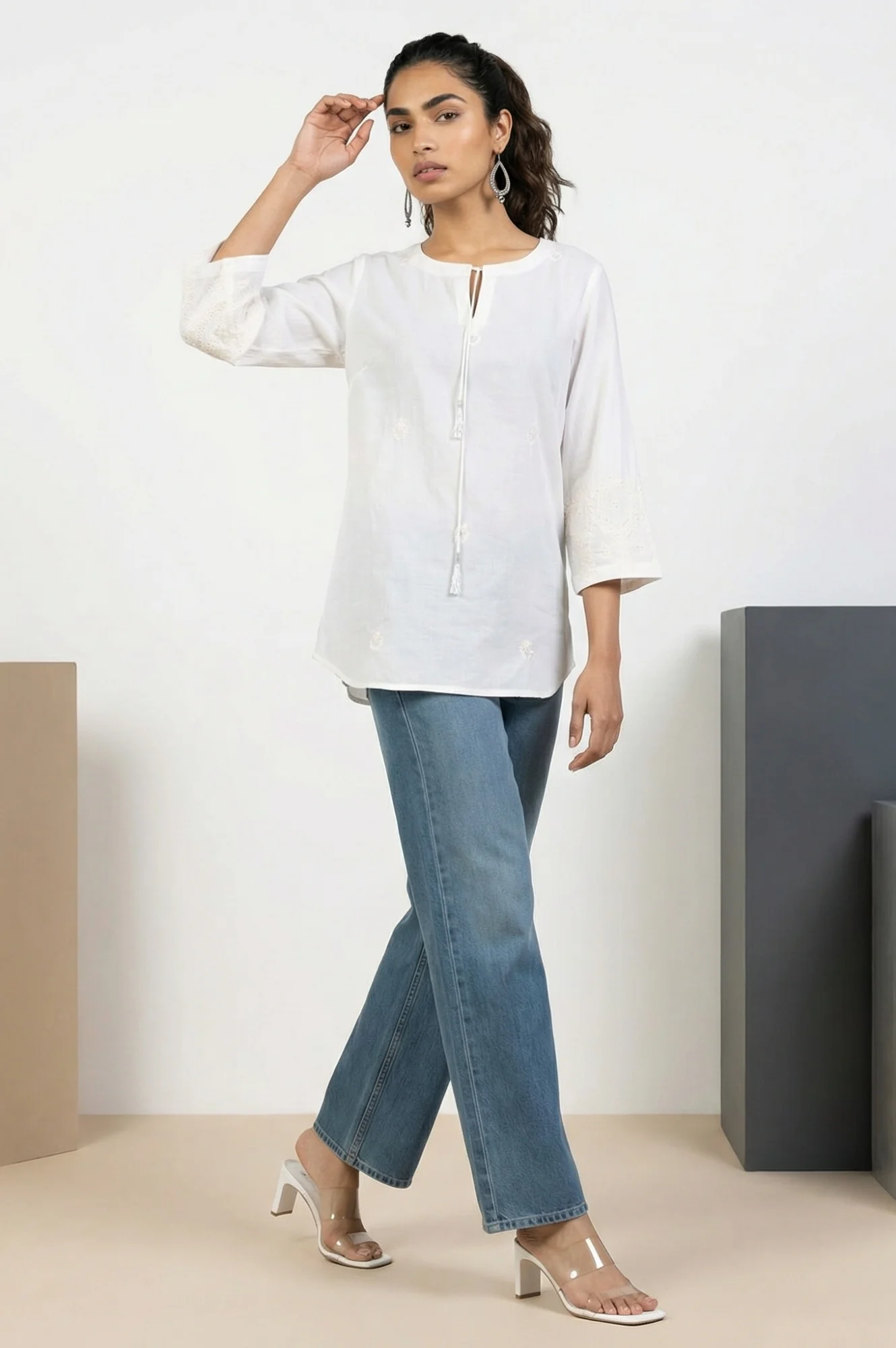 White Embroidered Pure Cotton Straight Top - Image 2