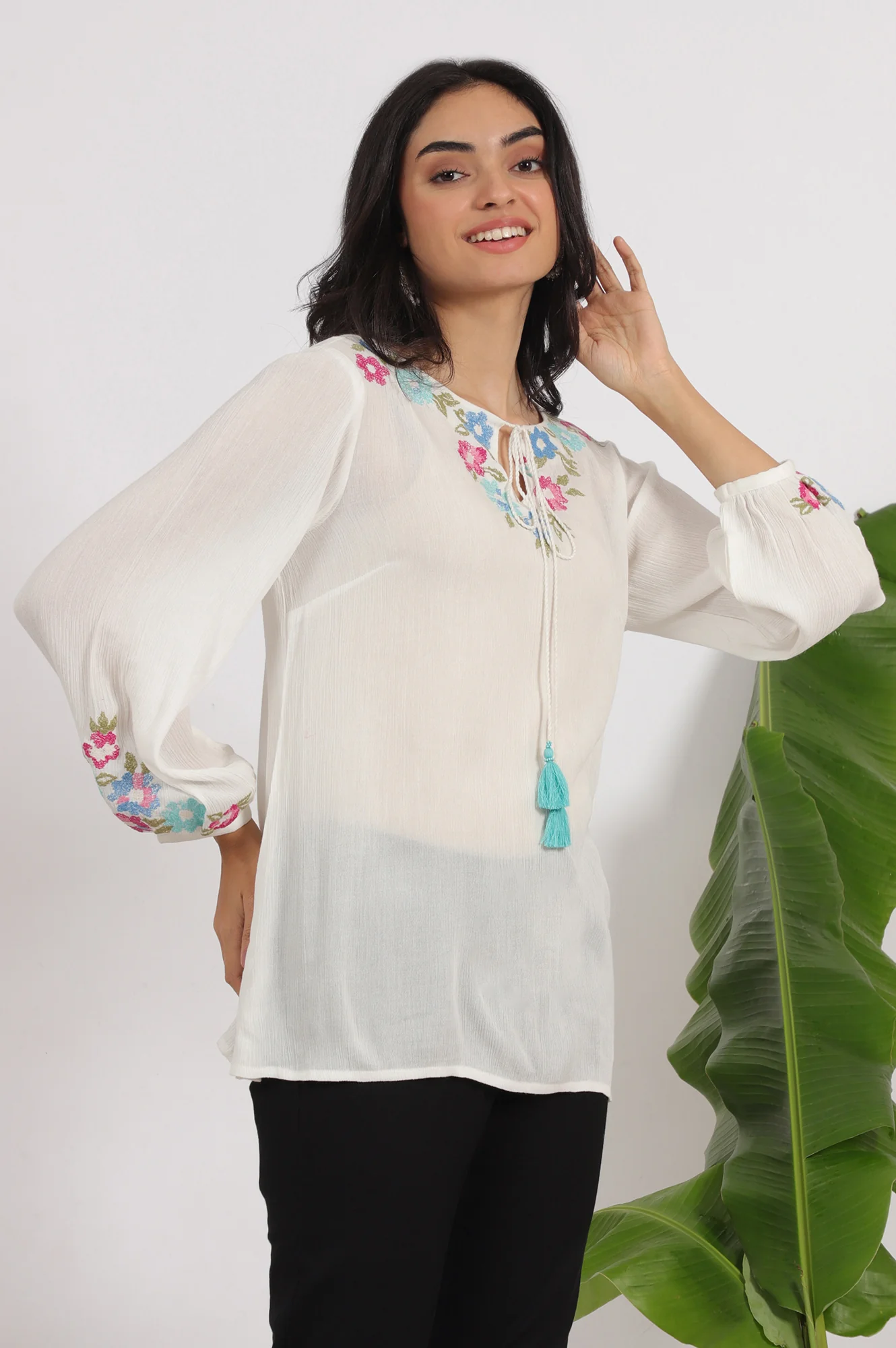 White Embroidered Rayon Crepe Straight Top - Image 7
