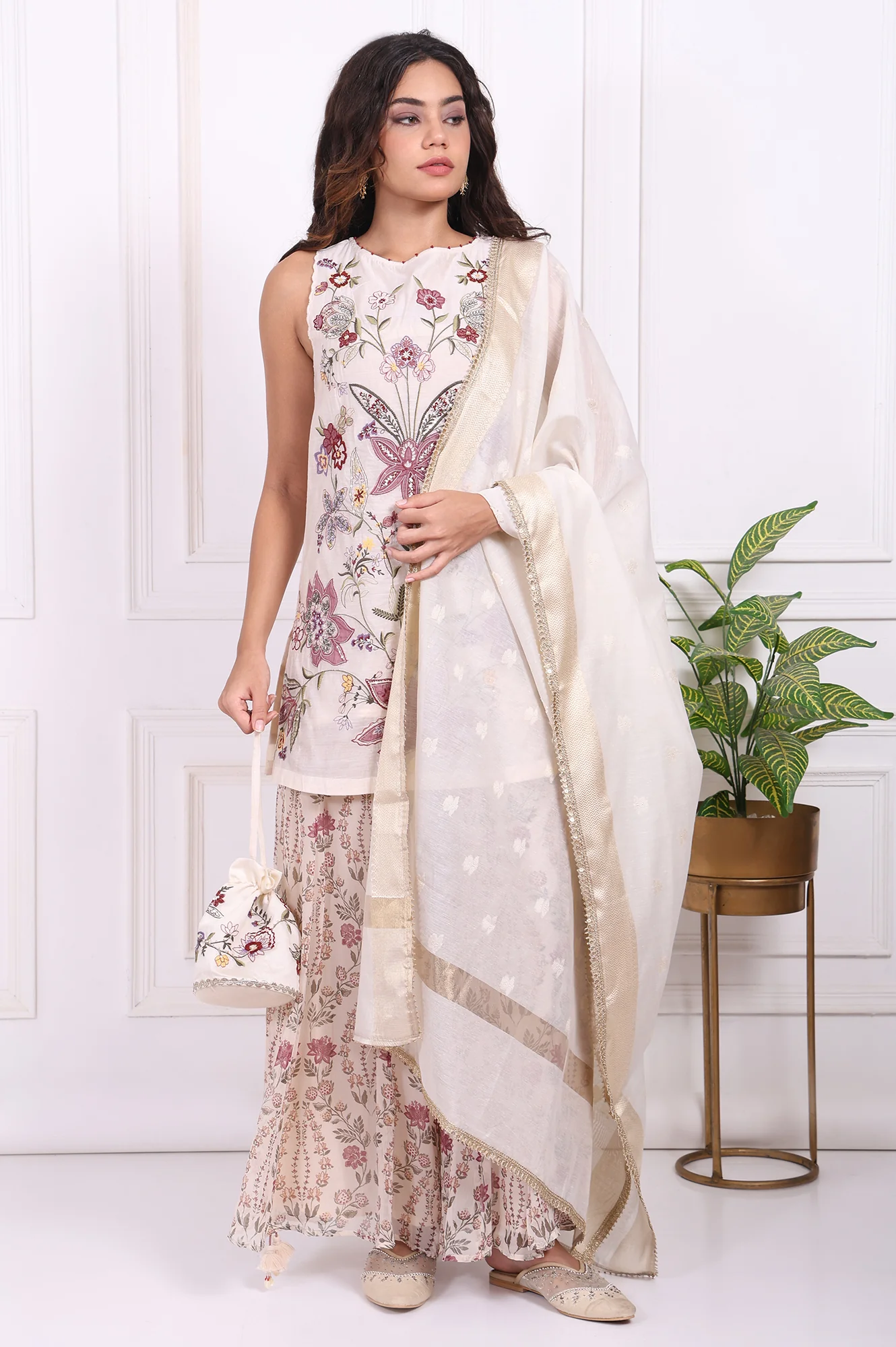 White Embroidered Straight Cotton Kurta with Flared Pant and Dupatta Set - Image 2