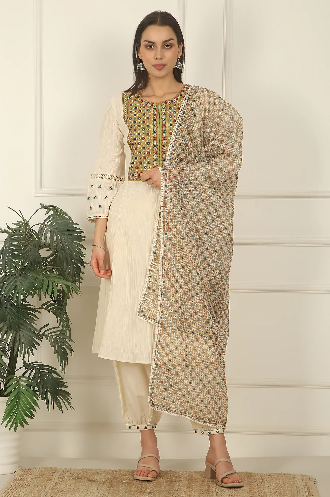 White Embroidered Yoke Cotton Crepe A-line Kurta, Pants and Dupatta Set - Image 3
