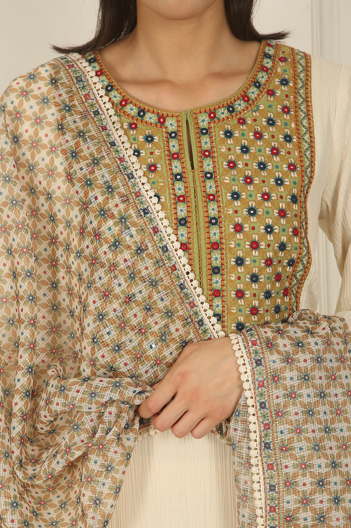 White Embroidered Yoke Cotton Crepe A-line Kurta, Pants and Dupatta Set - Image 4