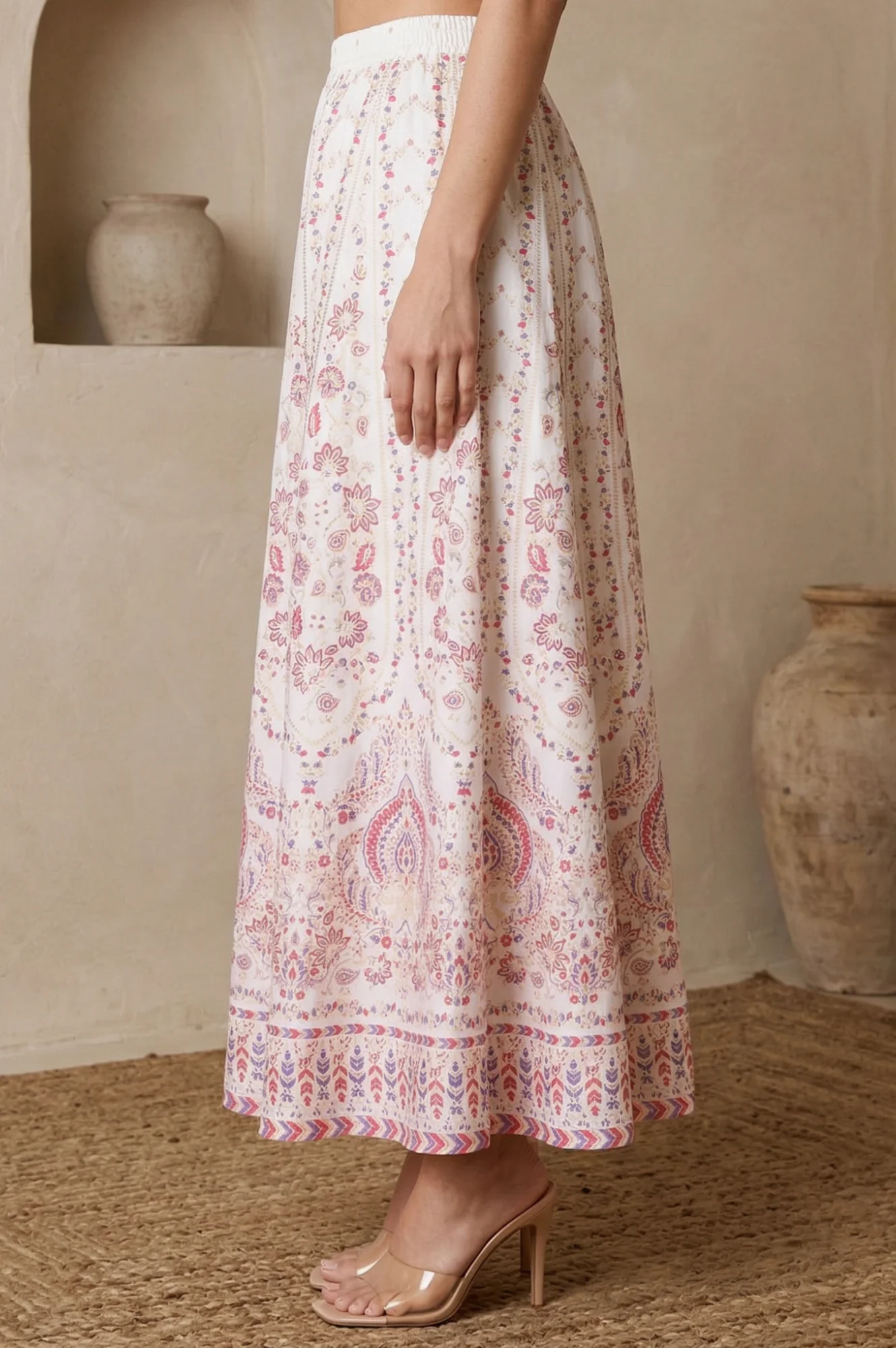 Elleven Women's White Ethnic Motifs Foil Printed Crepe Flared Ankle Length Skirt - Image 2