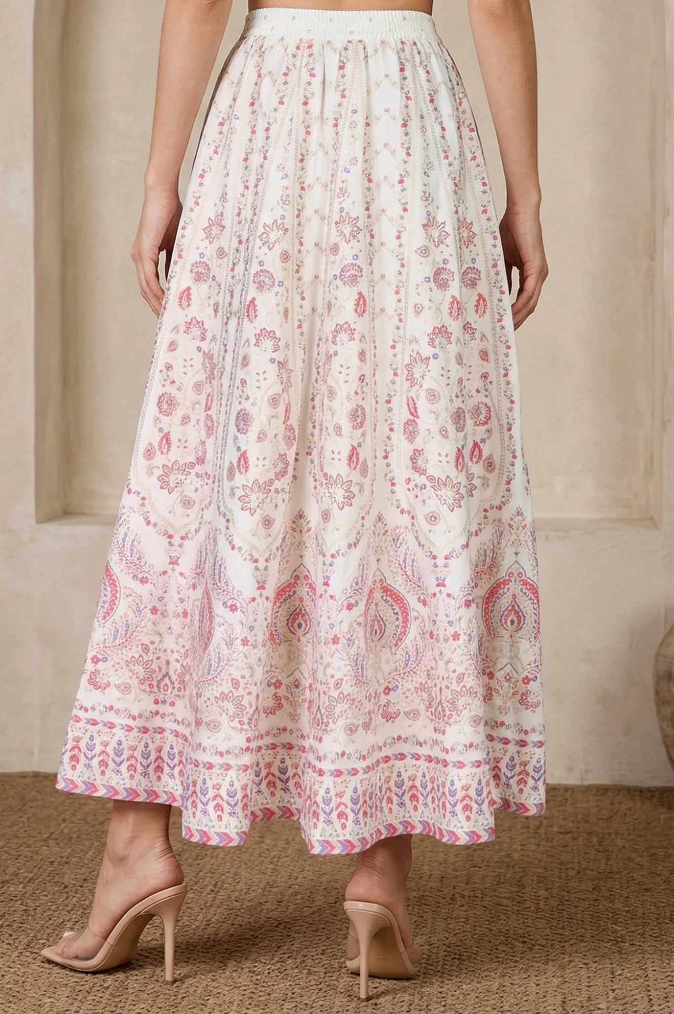 Elleven Women's White Ethnic Motifs Foil Printed Crepe Flared Ankle Length Skirt - Image 4