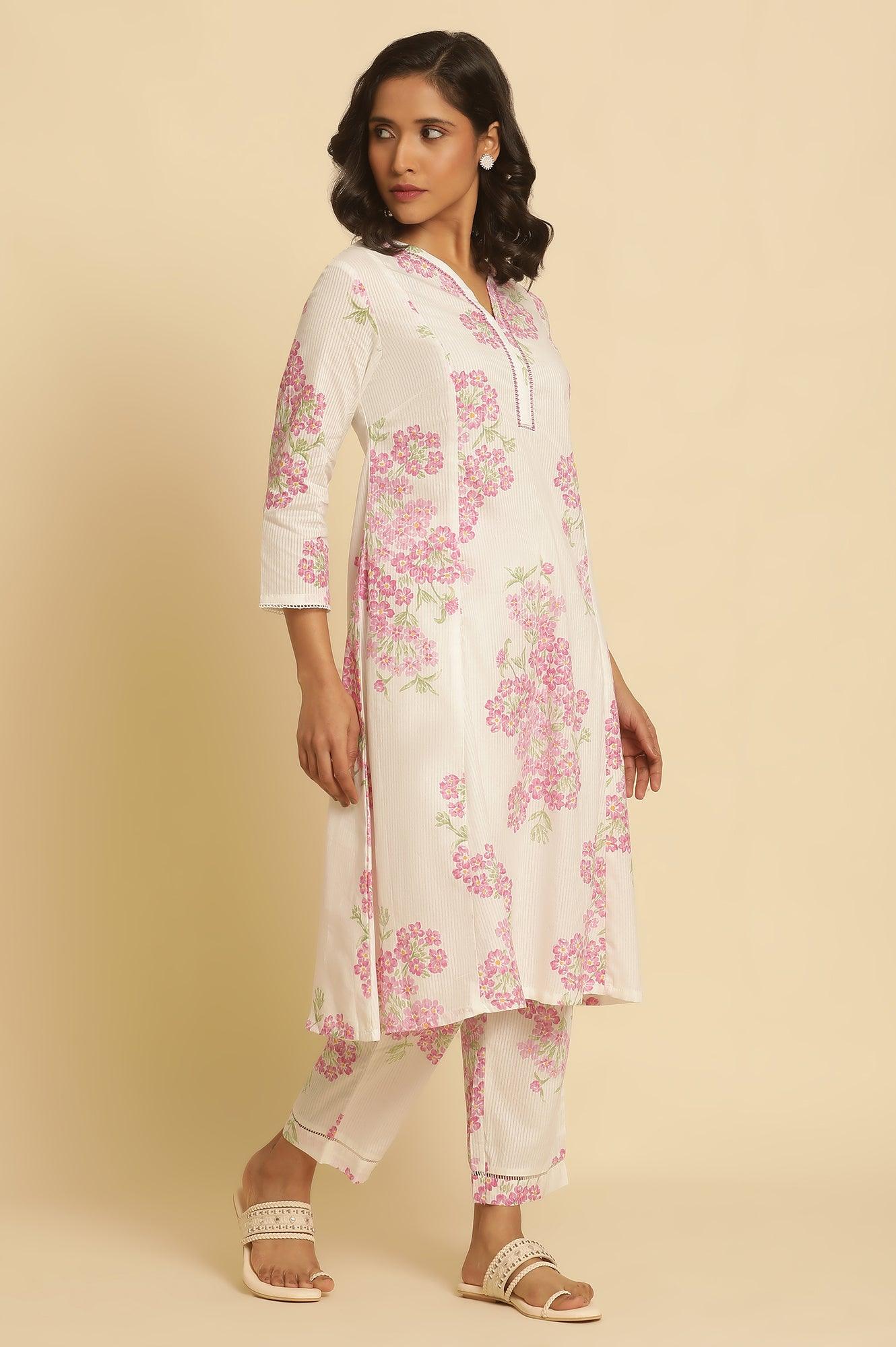 White Flared Floral Printed Kurta And Pants Set - Image 5