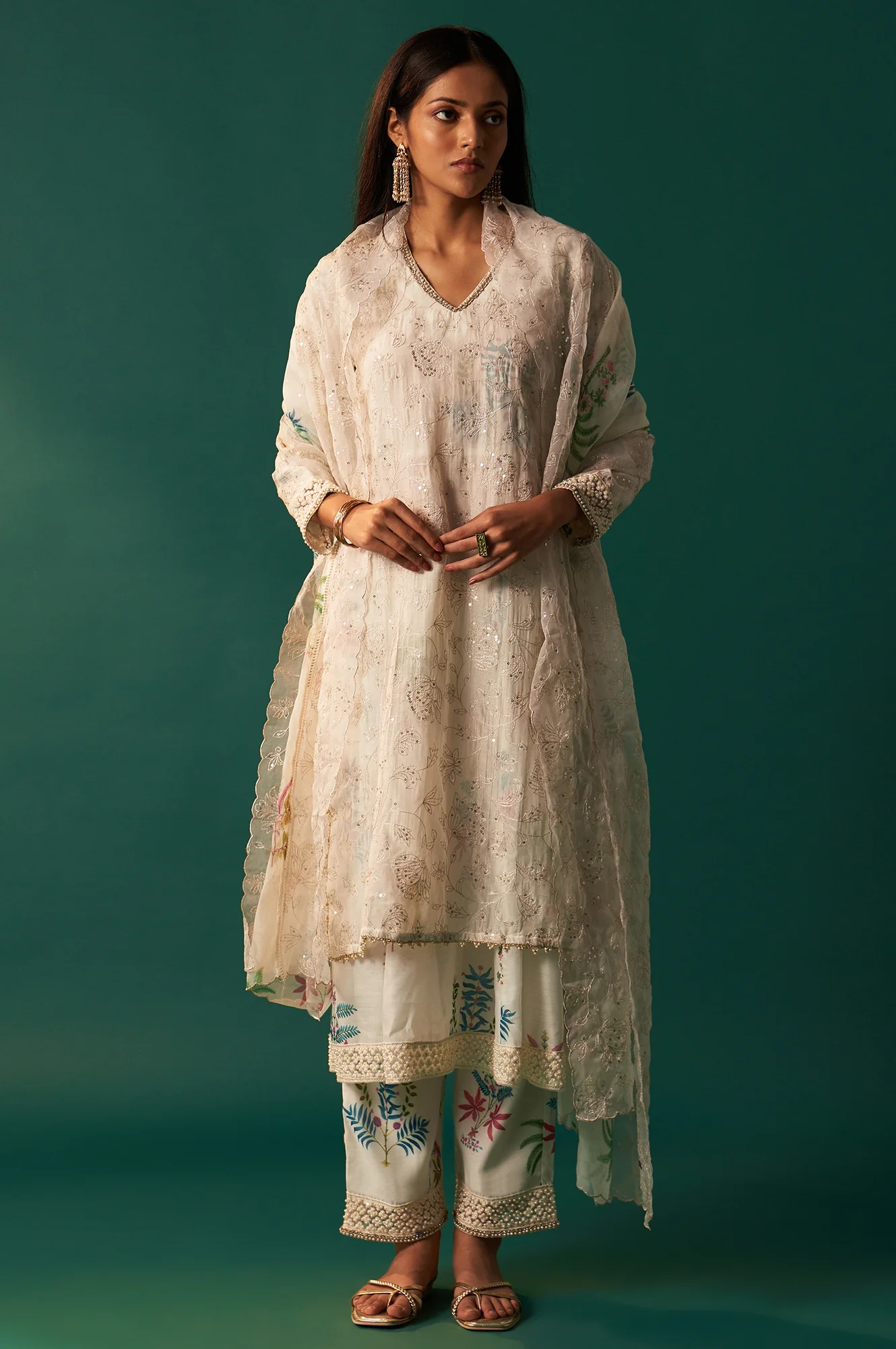 White Floral Printed and Embroidered Layered Cotton Blend Kurta with Pant and Dupatta Set - Image 2