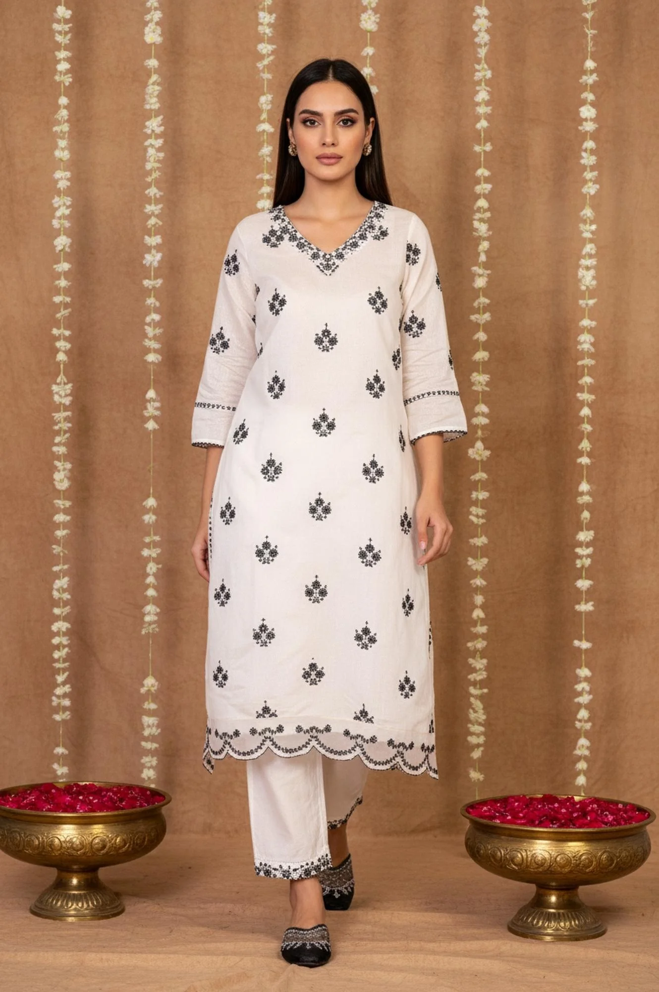 White Mirror Work Embroidered Straight Chanderi Kurta with Pant Set - Image 2