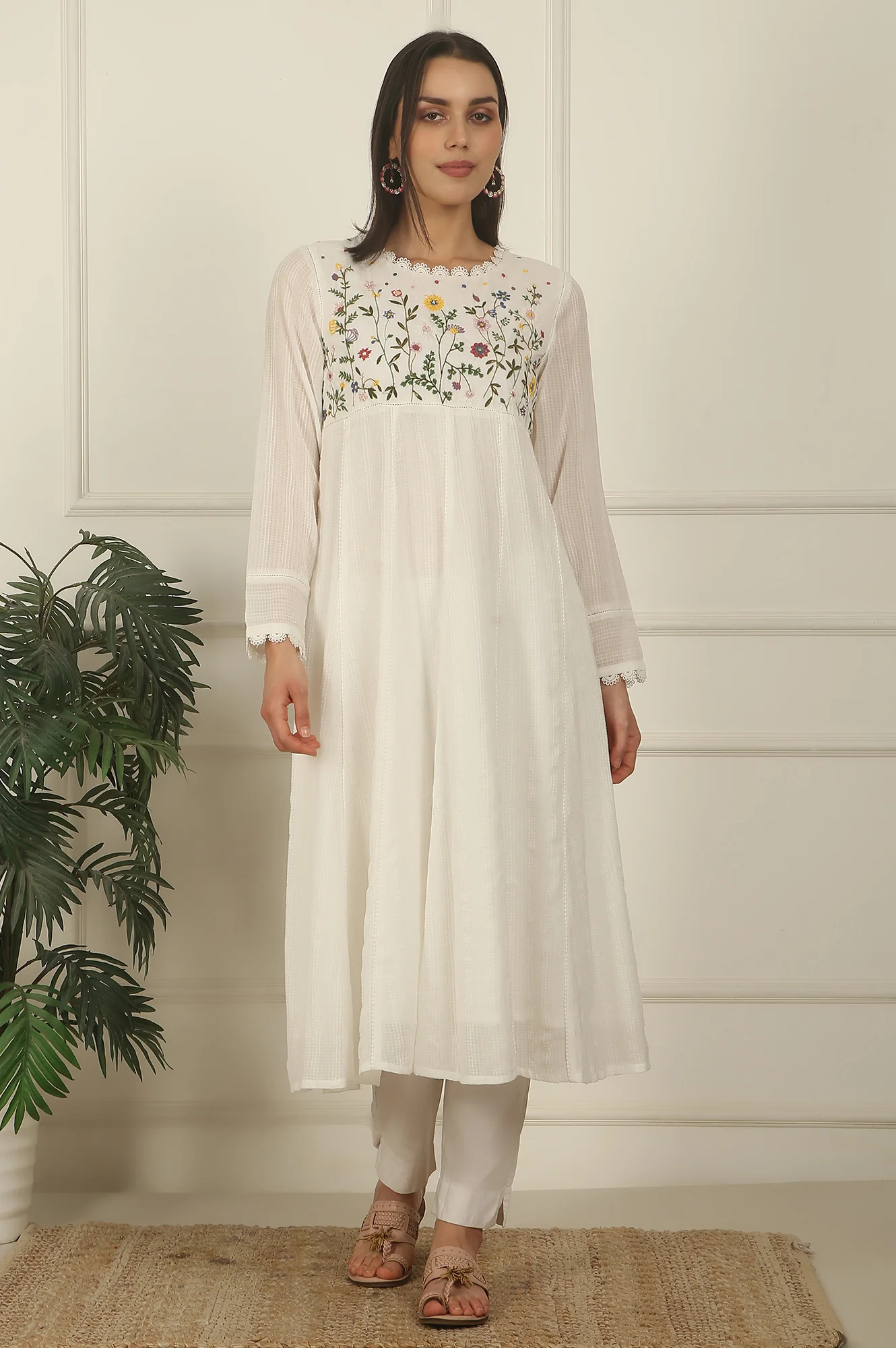 White Floral Embroidered Yoke Pure Cotton Anarkali Kurta - Image 2