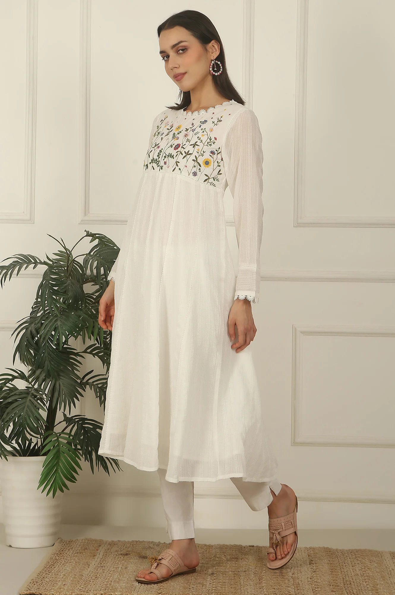 White Floral Embroidered Yoke Pure Cotton Anarkali Kurta - Image 5