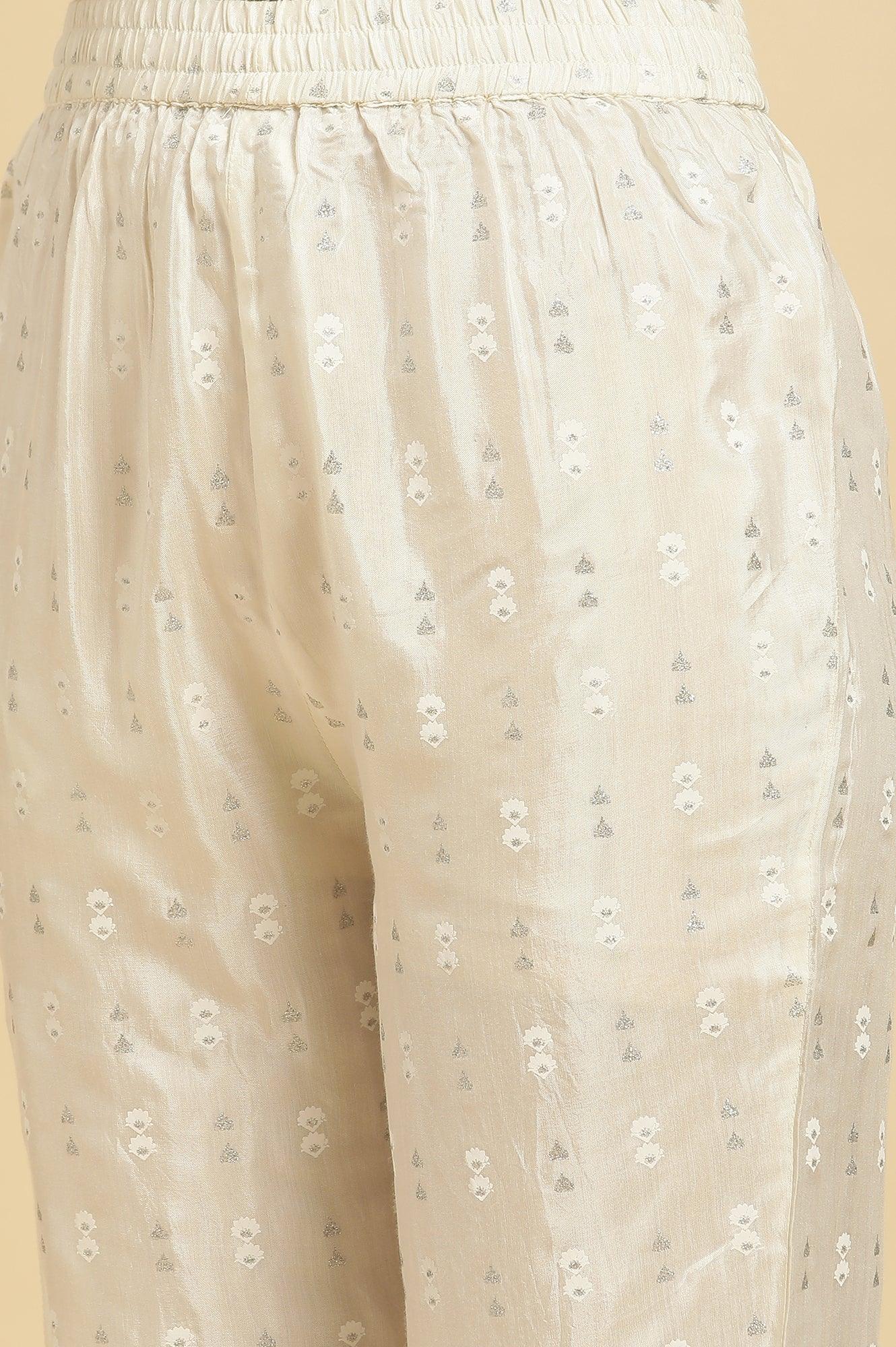 White Floral Glitter Printed Shantung Kurta And Pants Set - Image 10