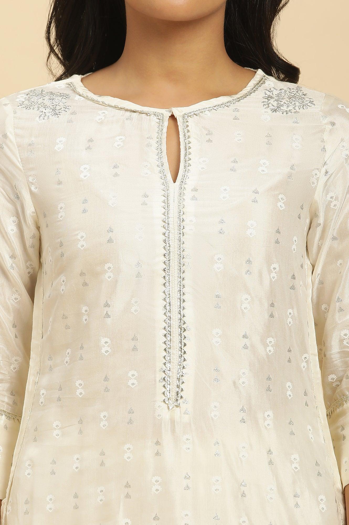 White Floral Glitter Printed Shantung Kurta And Pants Set - Image 7